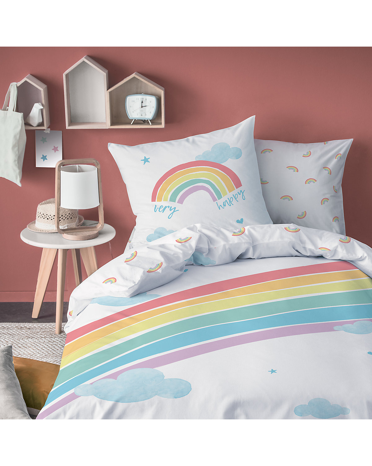 Bettwäsche Mädchen Regenbogen, Biber, 135 x 200 cm + 80 x 80 cm