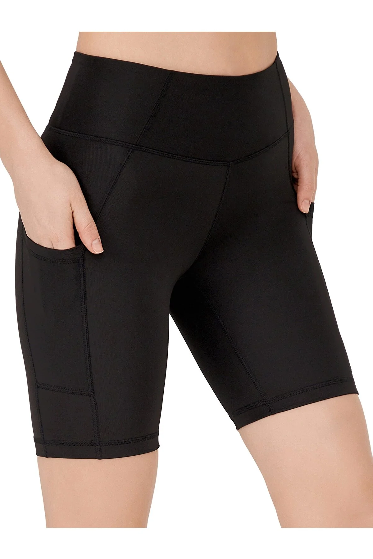 LOS OJOS  Schwarze Damen-Sportstrumpfhose mit hoher Taille, glättenden Biker-Shorts mit zwei Taschen und kurzen Sportstrumpfhosen