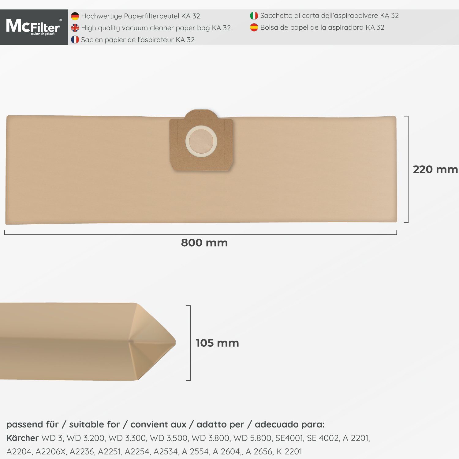 McFilter Staubsaugerbeutel (10 Stück) geeignet für Kärcher 6.959-130.0, passend für Kärcher Nass-Trockensauger WD3 WD 3 und MV3 MV 3 Staubsauger, Gummidichtring, hohe Reißfestigkeit, ungeeignet für Fein - und Schleifstaub, 10 St., Filterpapier, 3-lag