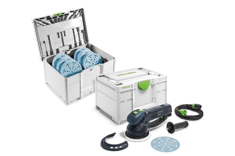Festool 578257 RO 150 FEQ-Plus Rotex Allround Orbital Sander + SYS-STF D150 GR-Set Granat sanding disc set in Systainer