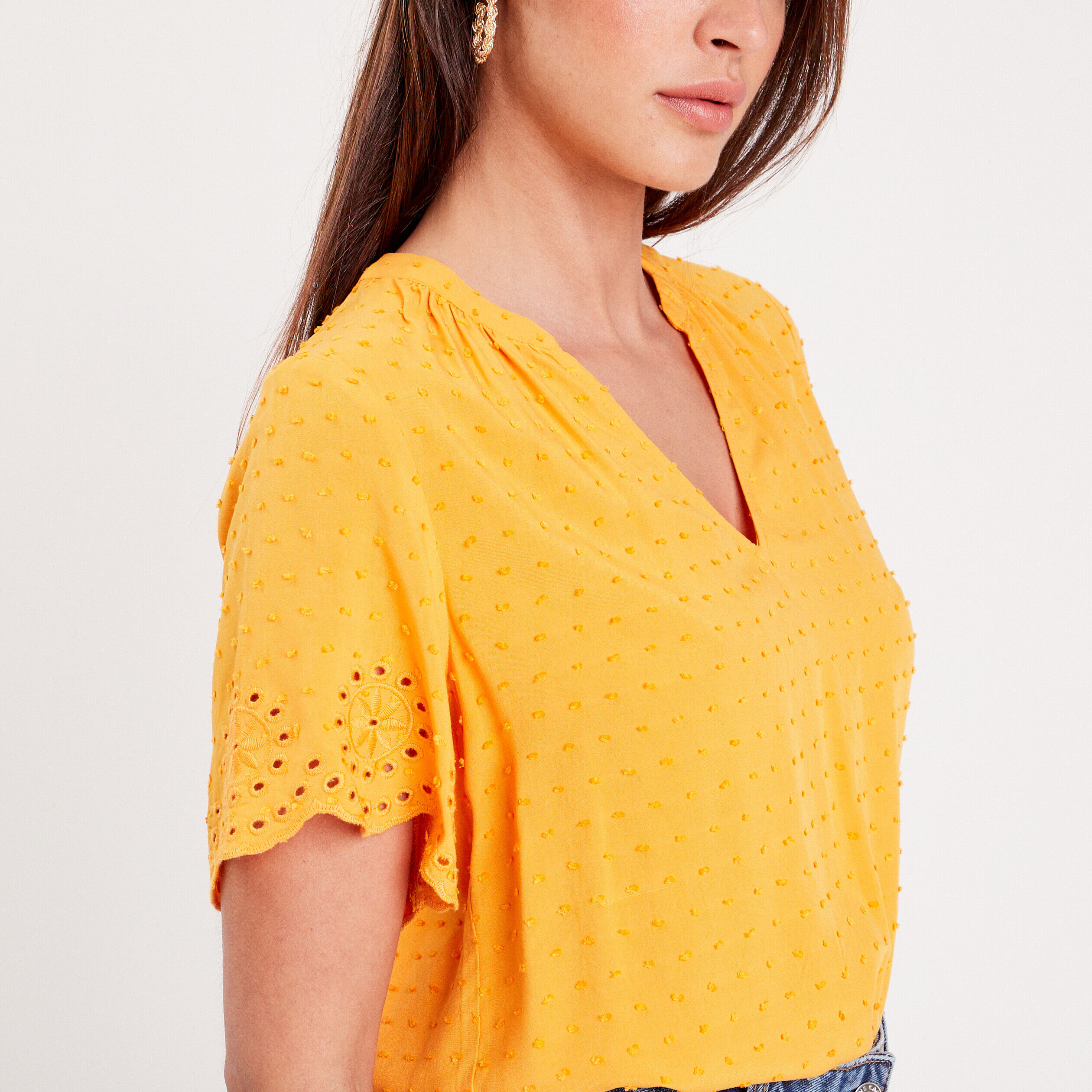 Blouse manches broderie orange clair femme | Cache Cache