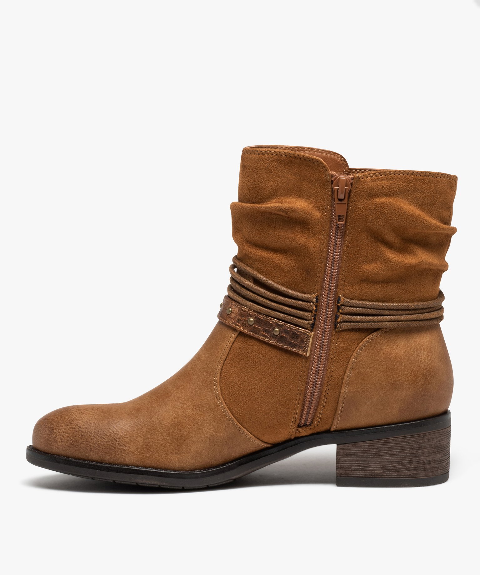 Boots femme dessus uni en suédine avec brides fantaisie camel | GEMO