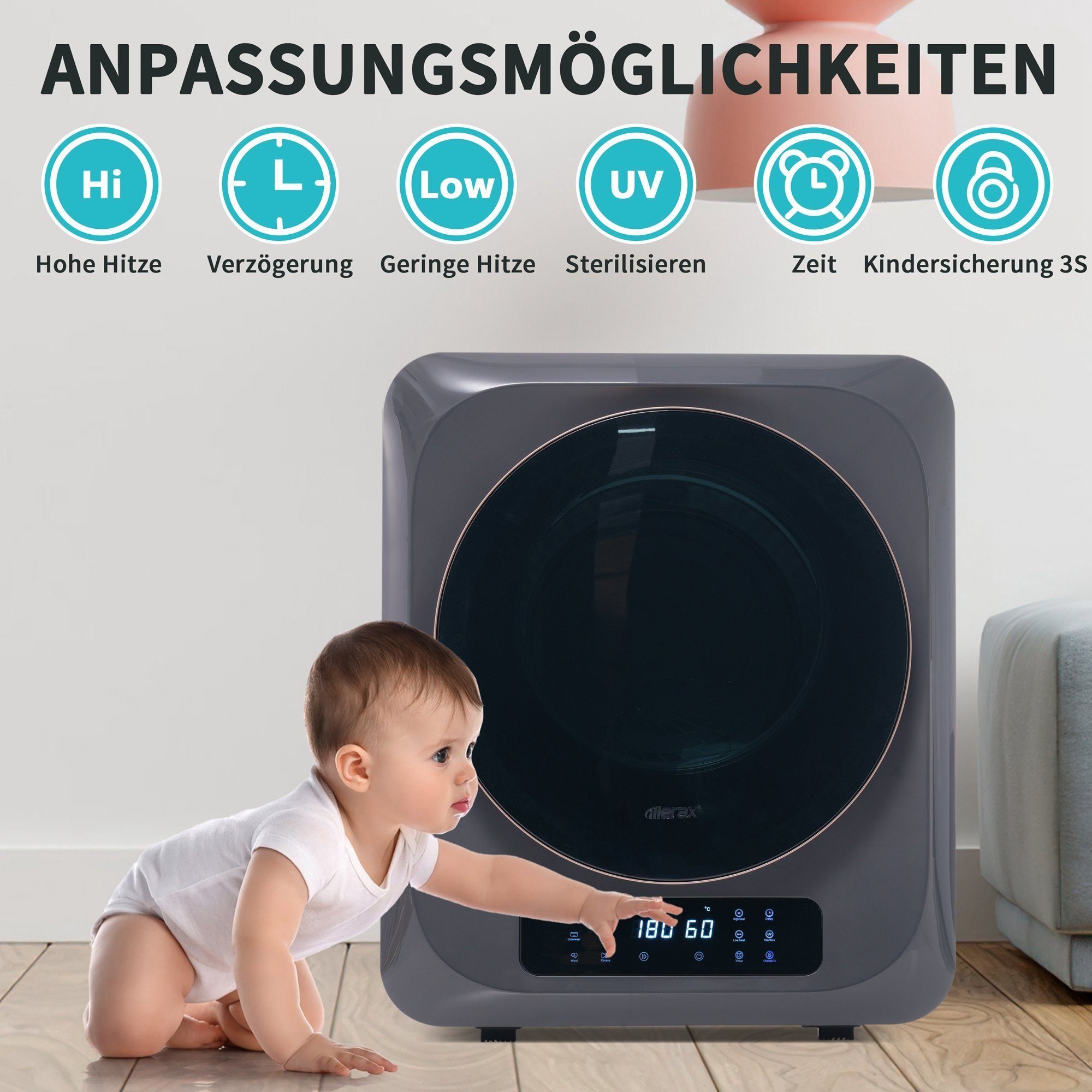 DOTMALL Wäscheständer mit UV-Sterilisation und LED Display,bis 4 kg,850 W,Mehrfachfiltration