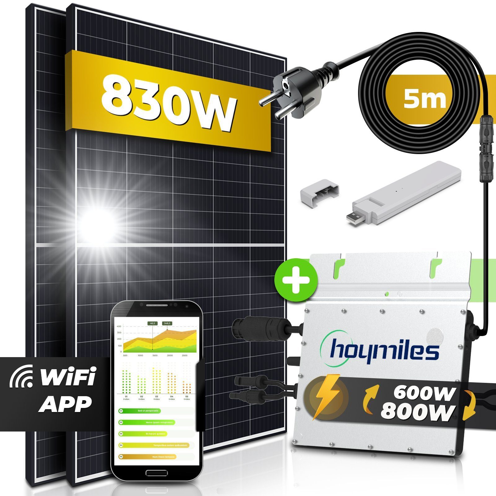 SUNNIVA Solaranlage Balkonkraftwerk 830W, 800,00 W, Monokristallin, (HOYMILES Wechselrichter (drosselbar auf 600W oder 800W), Solaranlage Komplettset mit 5m Anschlusskabel für Schuko Steckdose, Balkon Mini-PV Anlage mit WIFI APP und Stromerzeugung Me