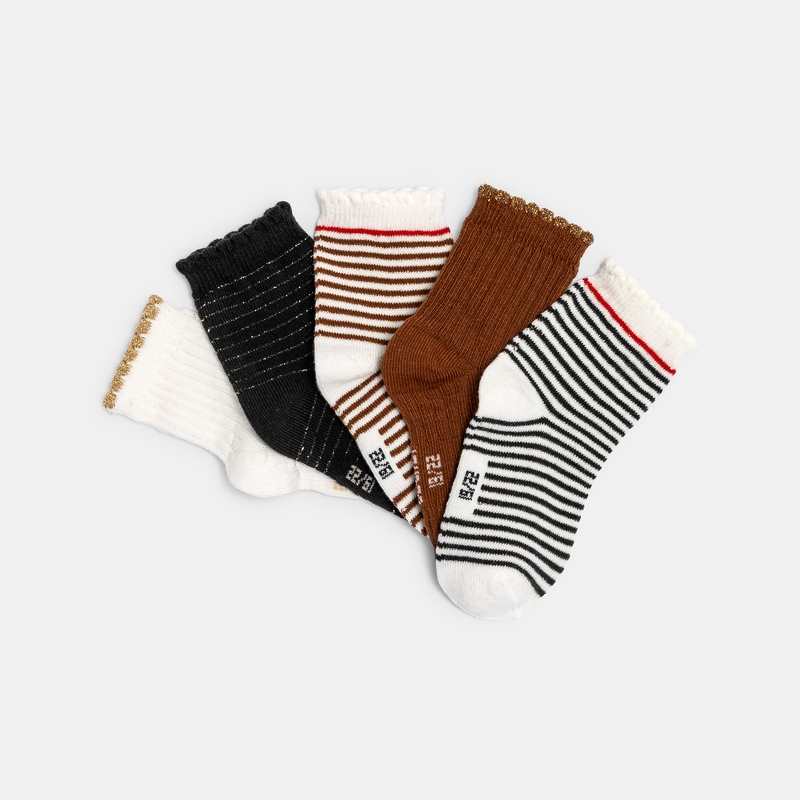 Chaussettes rayées brillantes bords festonnés (lot de 5) marron bébé fille