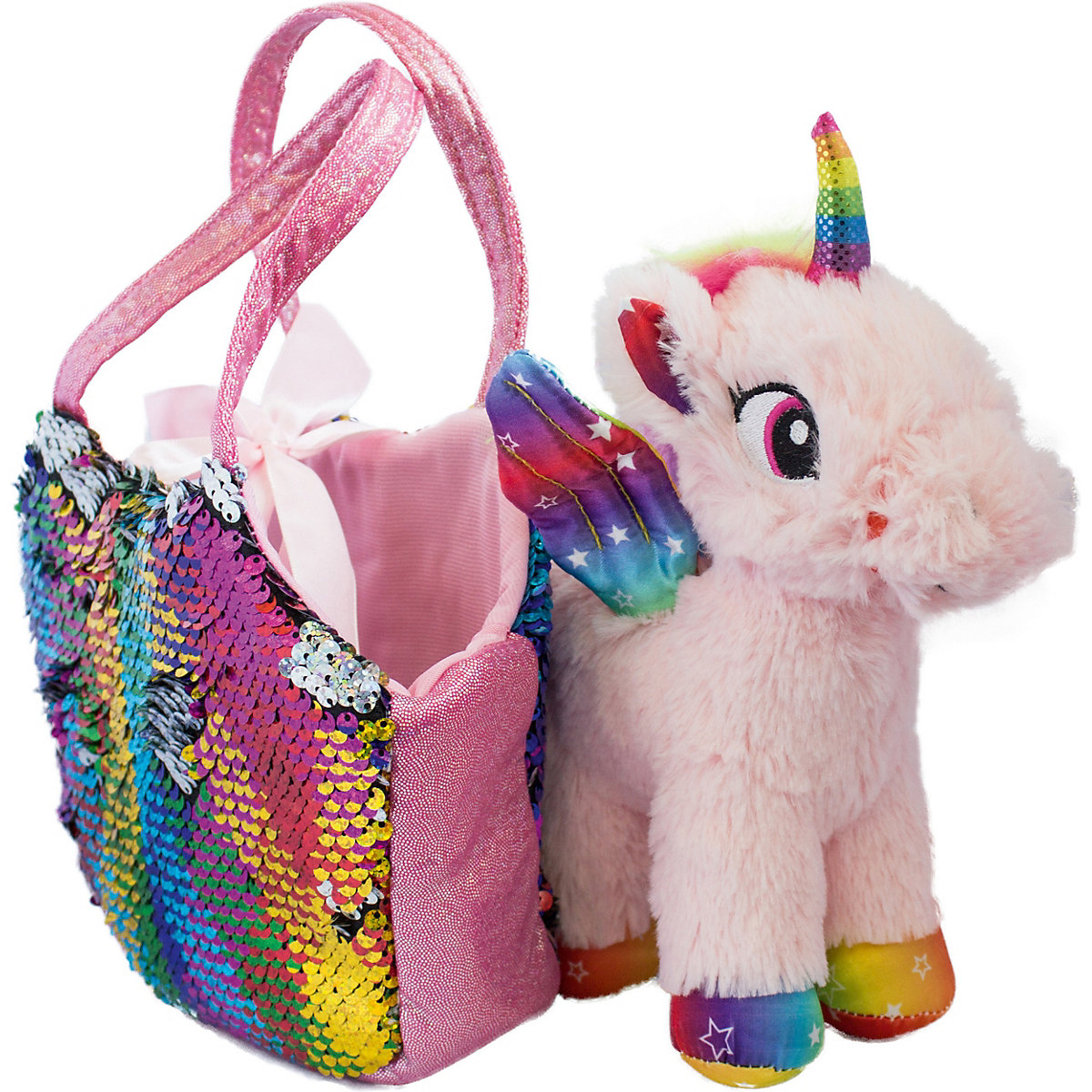 Einhorn Plüsch im magischen Pailletentäschchen 13x25x20 cm