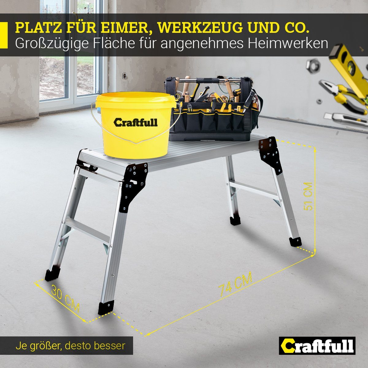 Craftfull Arbeitsplattform Arbeitspodest CF-107A klappbar - 3 J. Garantie - Aluminium (74 x 30 cm - 150 kg Traglast - Trittbank zum Einklappen - mini Arbeitsplattform - Werkbank - Heimwerken, 1-St., Anti-Rutsch, Sicherheitsbügel, klappbare Standfüße)