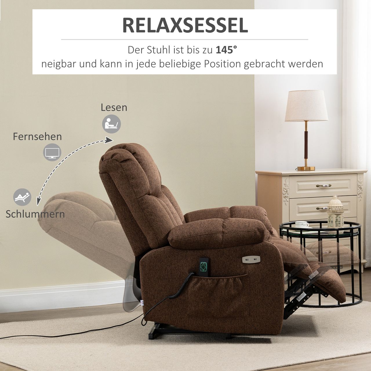 HOMCOM elektrischer Aufstehsessel Liegestuhl mit Fernbedienung 58W Braun