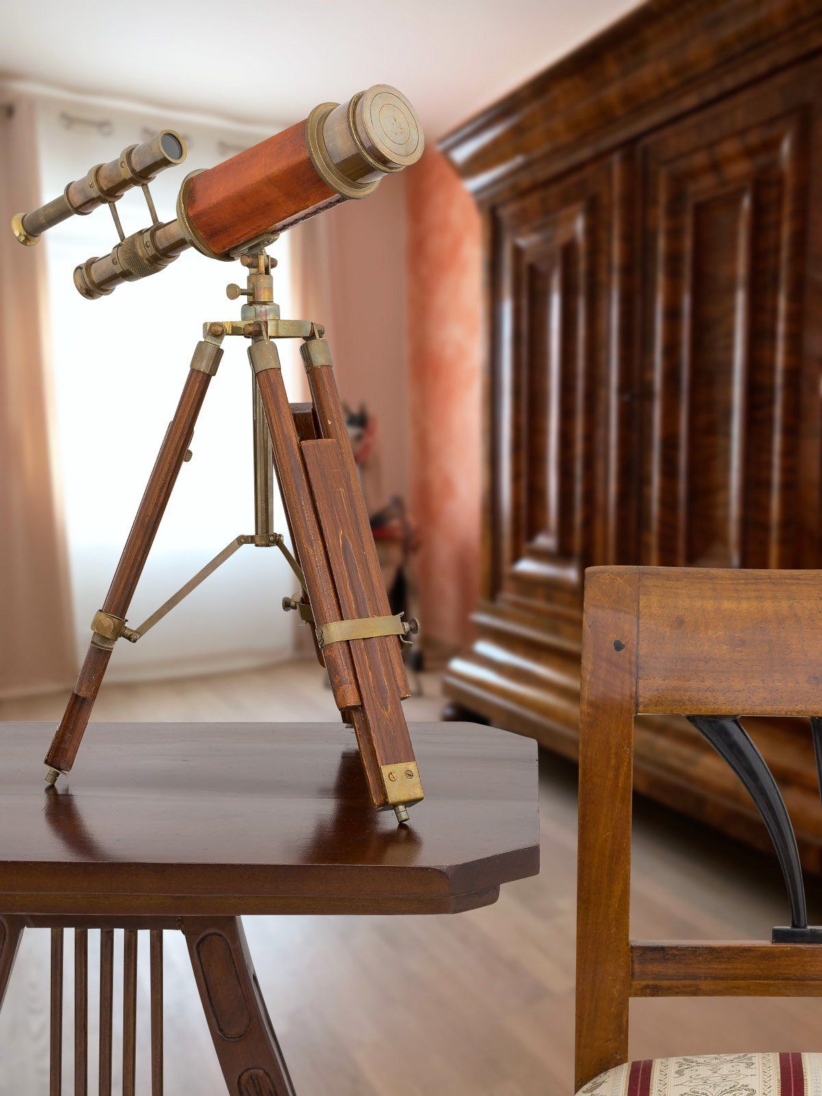 Aubaho Teleskop Doppel-Teleskop mit Holz-Stativ Fernrohr Fernglas Messing Antik-Stil