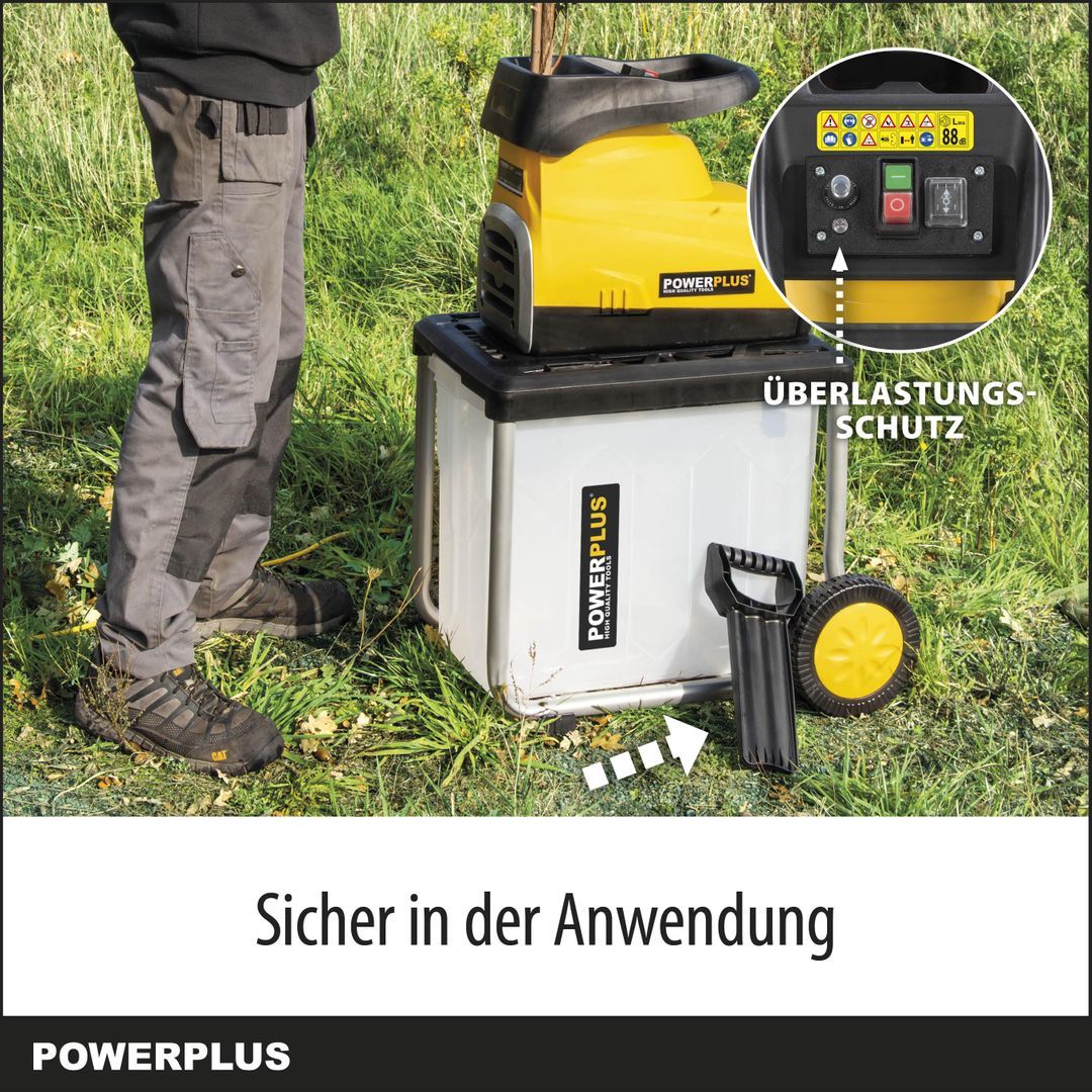 VARO Powerplus Elektro-Häcksler POWXG6462 - Gartenhäcksler 2800 W, Max. Ø45 mm, Schieber, Garten Häcksler Räder und 60 l Fangsack inbegriffen, Gartengeräte