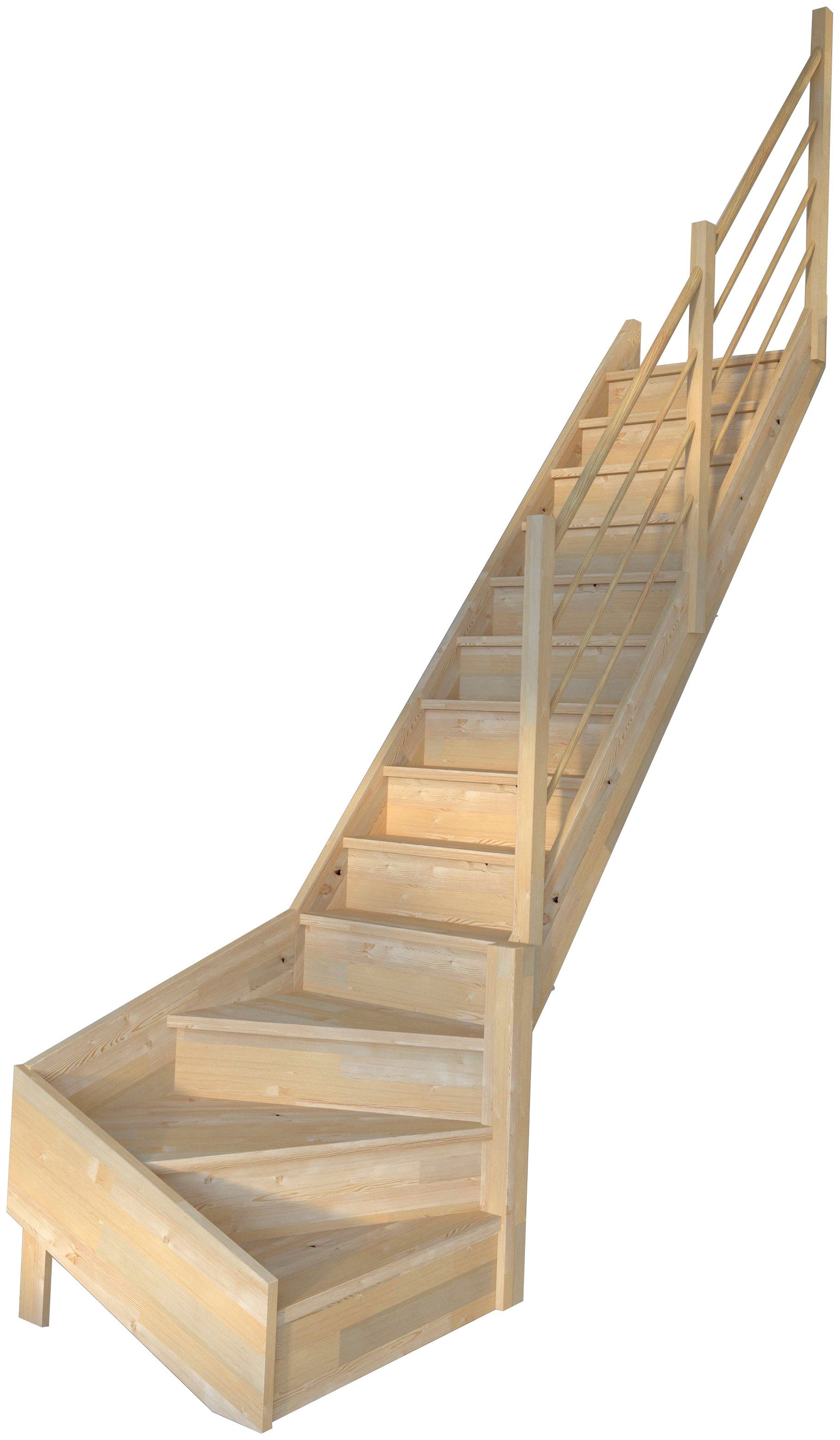 Starwood Raumspartreppe Massivholz Korfu, Holz-Holz Design Geländer, für Geschosshöhen bis 300 cm, Stufen geschlossen, gewendelt Rechts, Durchgehende Wangenteile