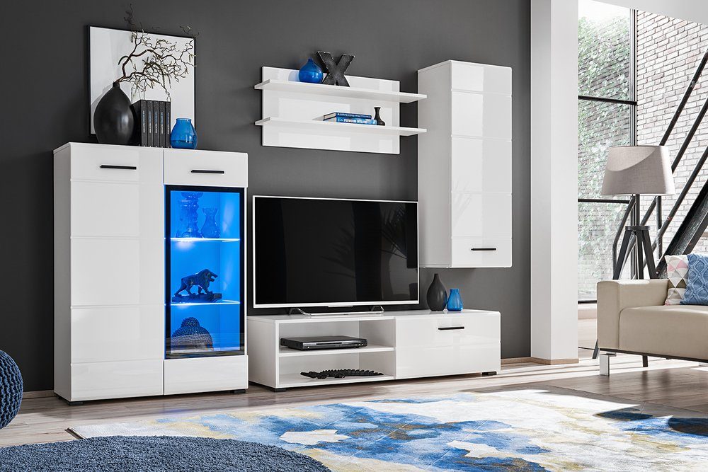 Stylefy Wohnwand Spree Weiß, Weiß Hochglanz, (Wohnmöbel, Wohnzimmer-Set, Set (4-St), bestehend aus 1xStandvitrine, 1xHängevitrine, 1xLowboard, 1xWandboard, inkl. LED-Beleuchtung, mit Glaseinsatz,variabel stellbar und hängbar, Hochglanzfronten
