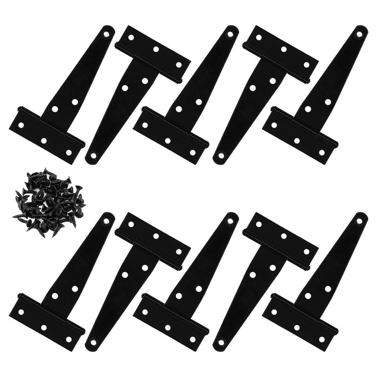 götäzer Möbelbeschlag 10er-Pack 4-Zoll-T-Scharnier-Türscharniere (1 St), Schwarzes, schmiedeeisernes Rostschutzband, 60 schwarze Schrauben