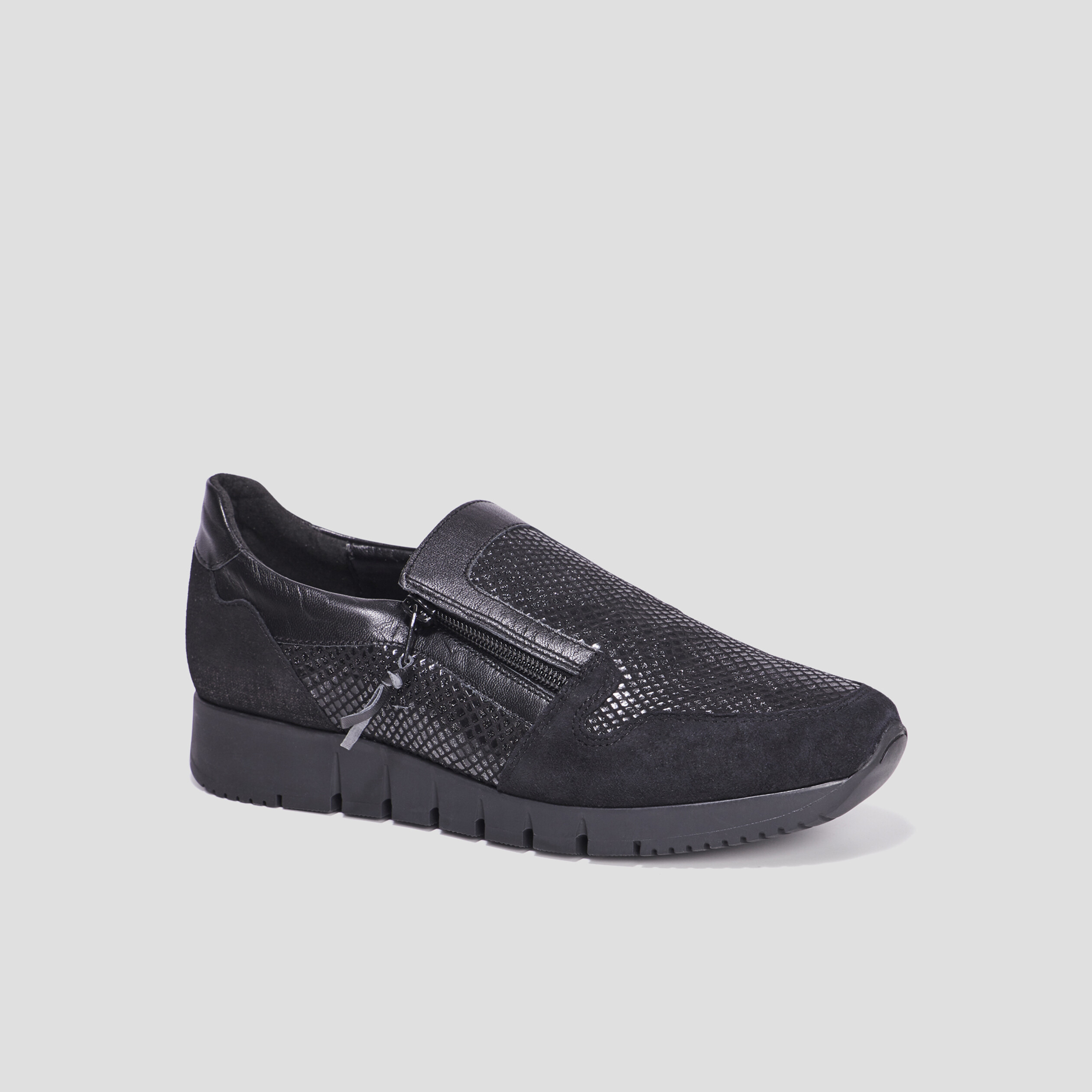 Baskets zippées en cuir pied large noir femme | La Halle