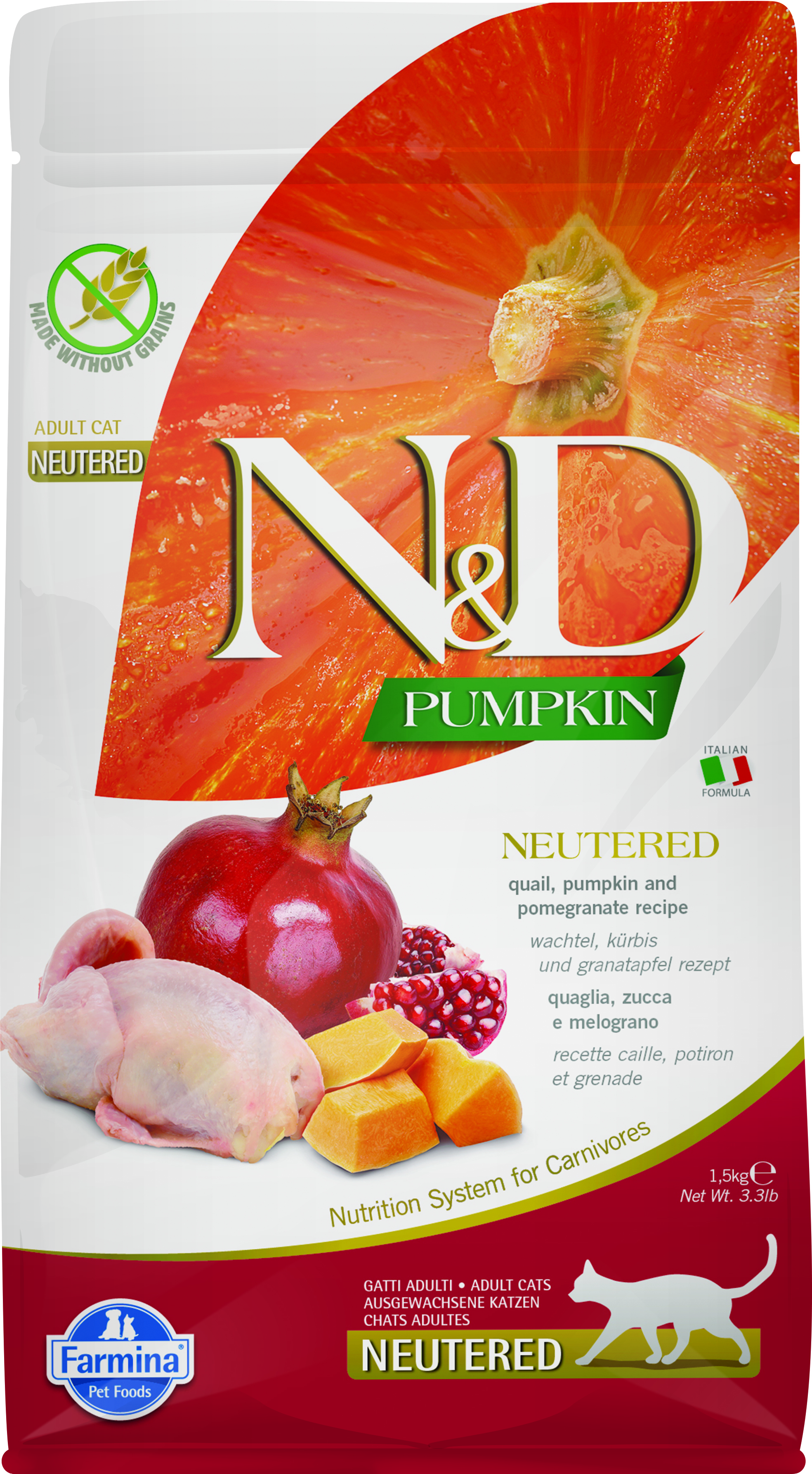Farmina N&D Trockenfutter Farmina N&D Cat PUMPKIN Adult Sterilized Wachtel, Kürbis und Granatapfel 1,5kg