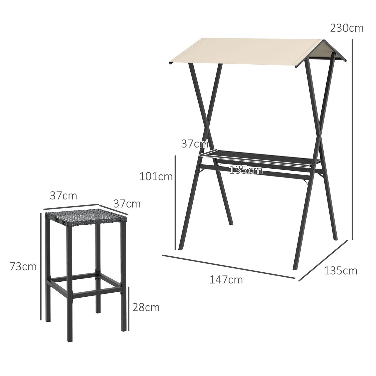 Outsunny Gartenbar-Set Rattan Bartisch mit 4 Barhockern, Stehtisch mit Dach