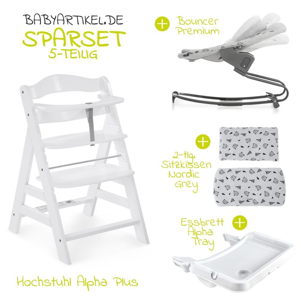Hauck Hochstuhl Alpha Plus Weiss XL Newborn Set (Set, 5 St), Babystuhl ab Geburt, Aufsatz für Neugeborene, Essbrett, Sitzauflage