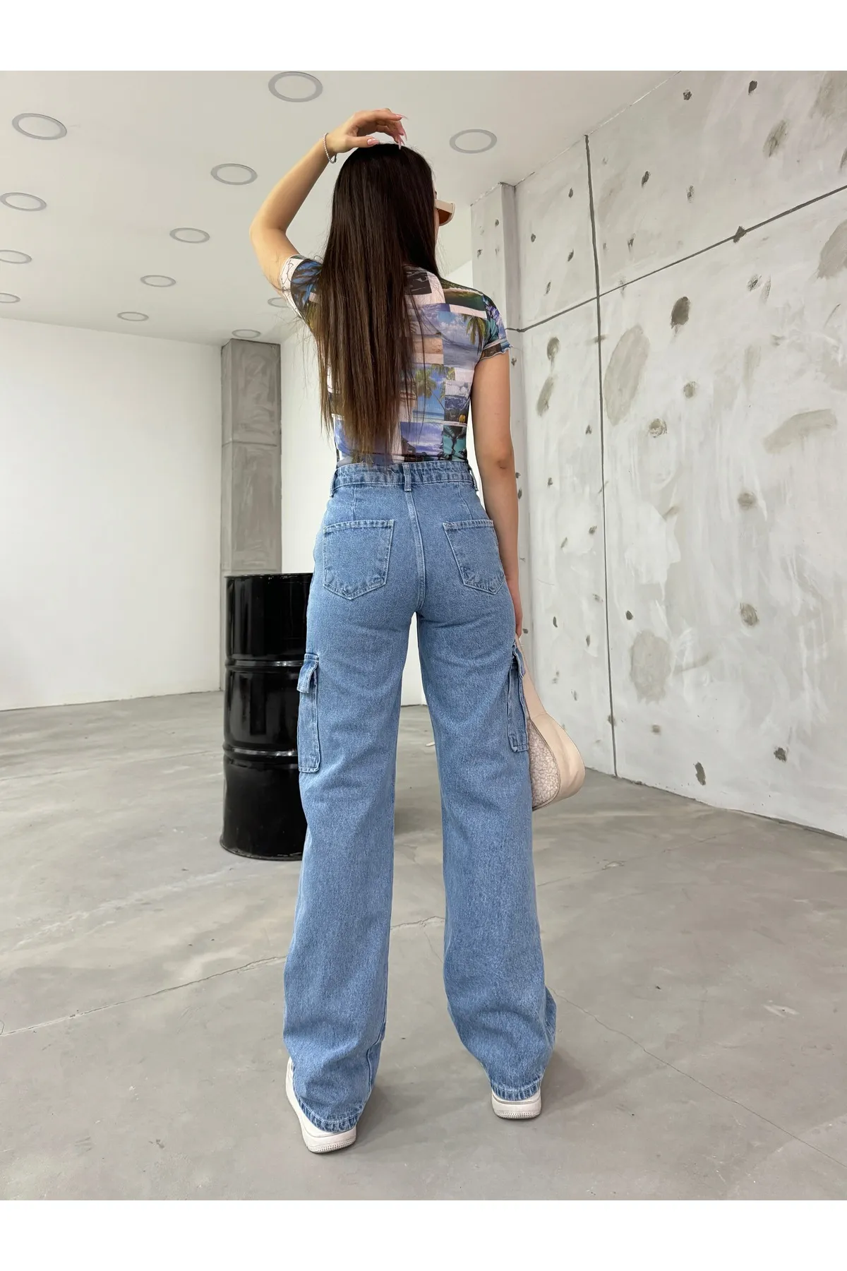 BİKELİFE  Blaue Cargohose mit hoher Taille und weitem Bein für Damen