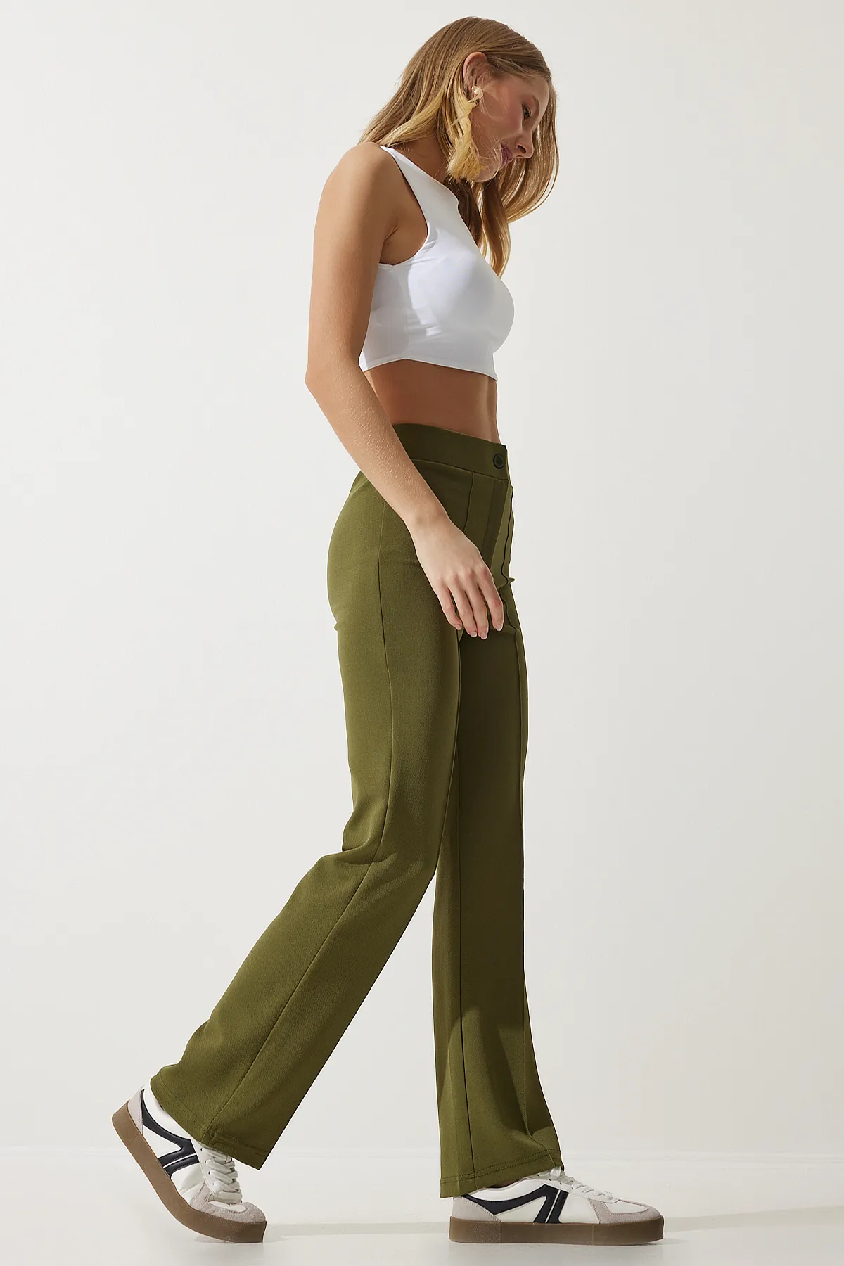 Happiness İstanbul  Bequeme Strickhose aus Lycra in Khaki mit hoher Taille für Damen RV00090