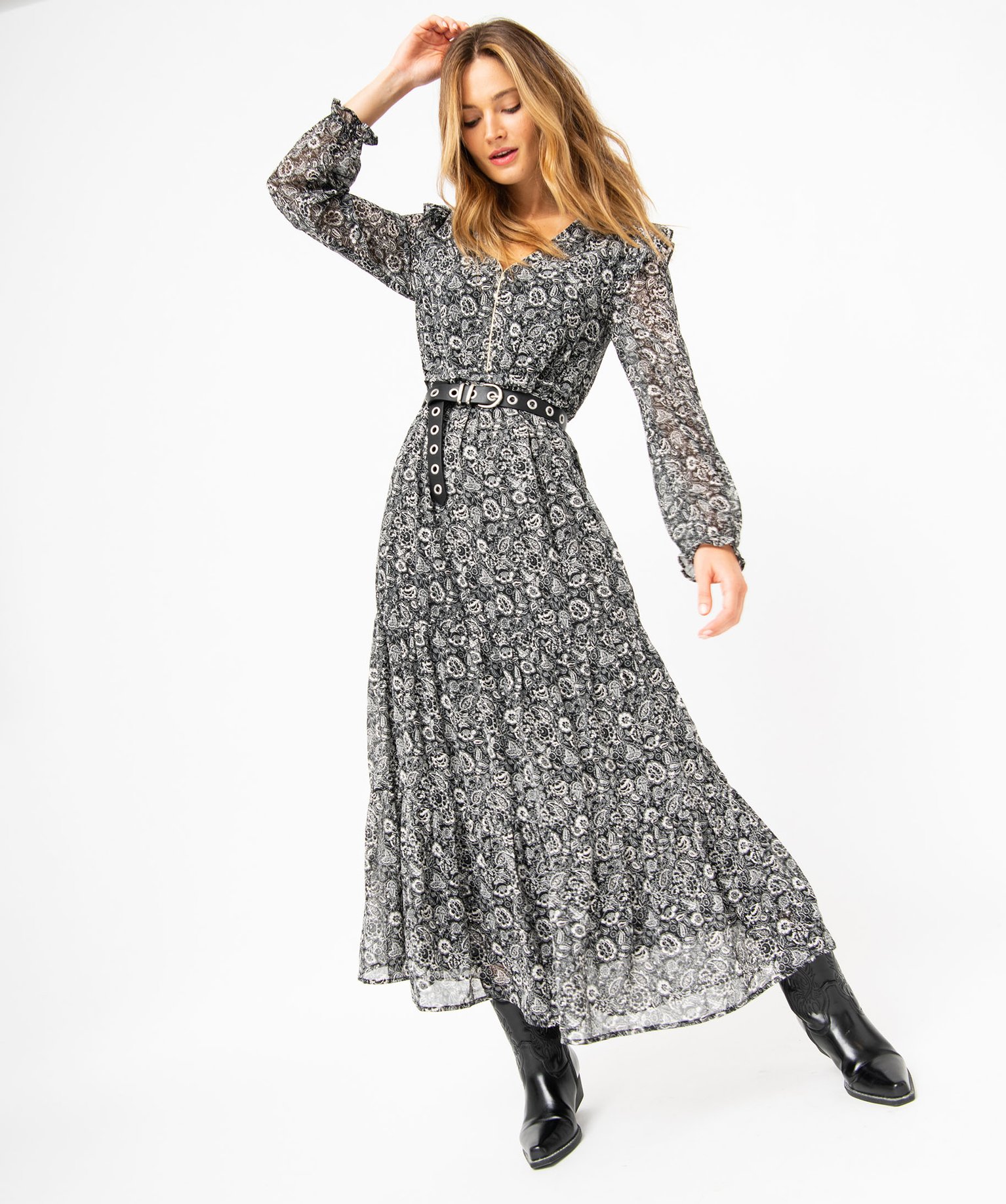 Robe longue à manches longues motif fleuri femme imprime | GEMO