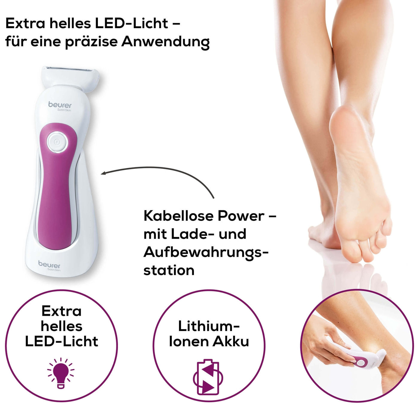 Beurer Rasierer HL 36-Damenrasierer mit Peeling-, Gleit- & 2 Trimmaufsätzen für Nass- & Trockenrasur