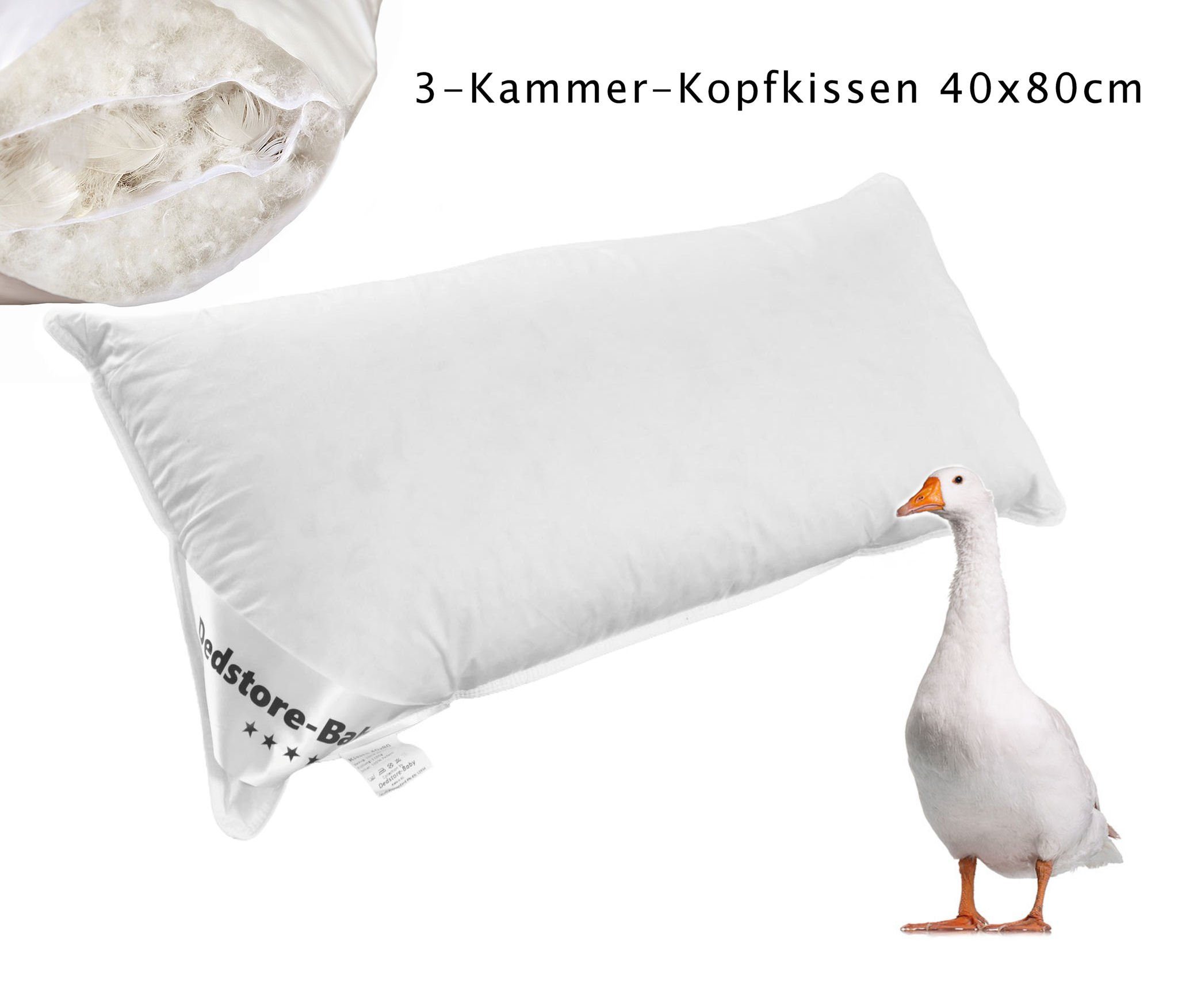 3-Kammer-Kopfkissen 40x80cm Federn Daunen Füllung 750g Hotelqualität Pillow, Dedstore-Baby, Füllung: Daunen-Federmischung, Bezug: 100%, Natur Kissen, 1tlg., Allergiker freundlich, Kopf-, Nacken- und Schulterbereich