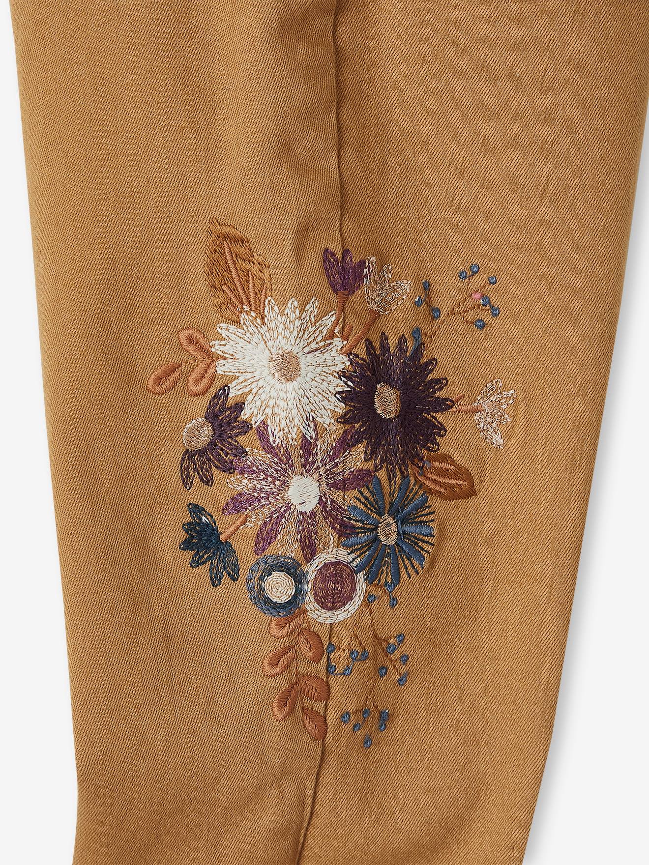 Pantalon slim brodé fleurs fille taille haute vert
