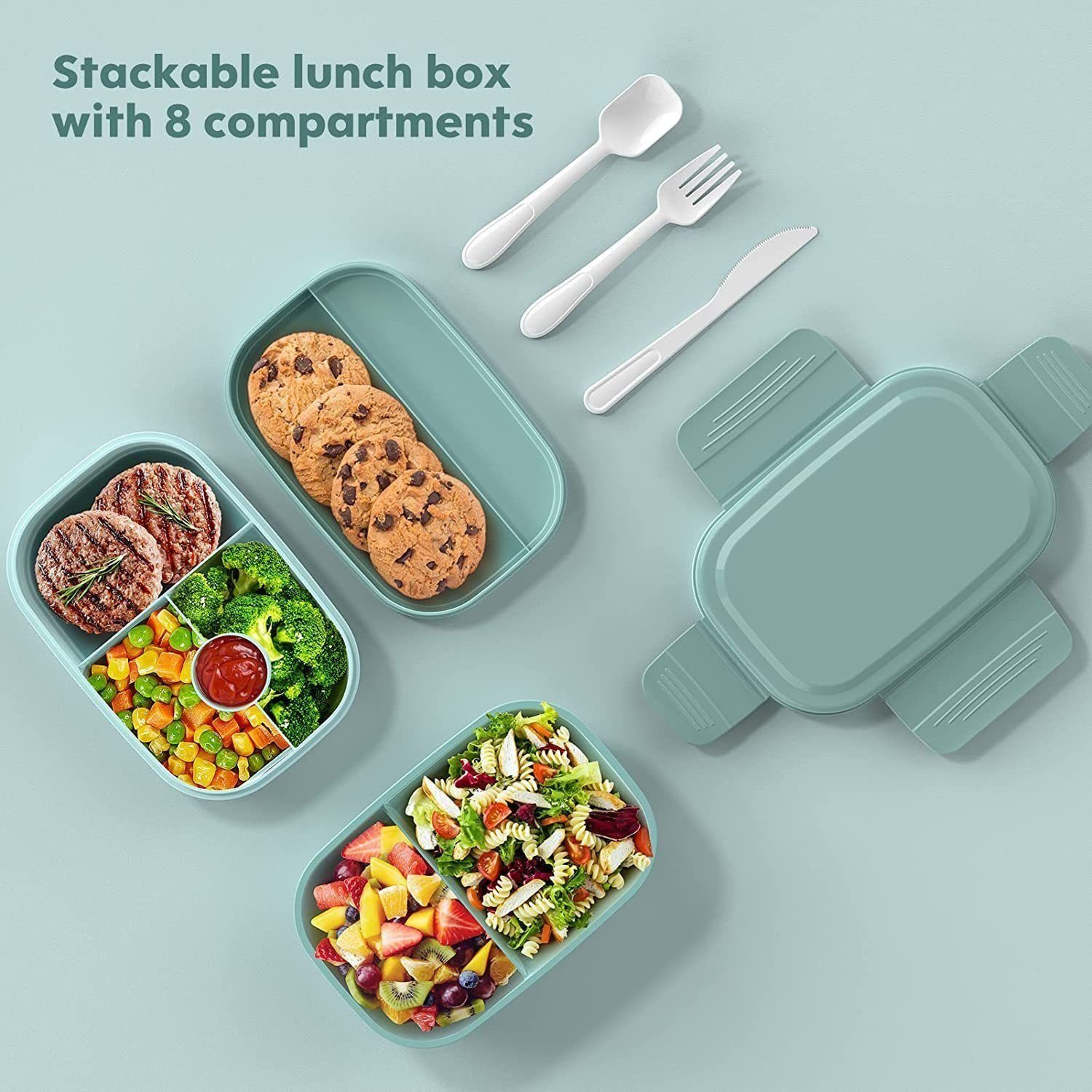 Welikera Aufbewahrungssystem Lunchbox, Brotdose Kinder mit 3 Fächern, inkl. Besteck, 1900ML