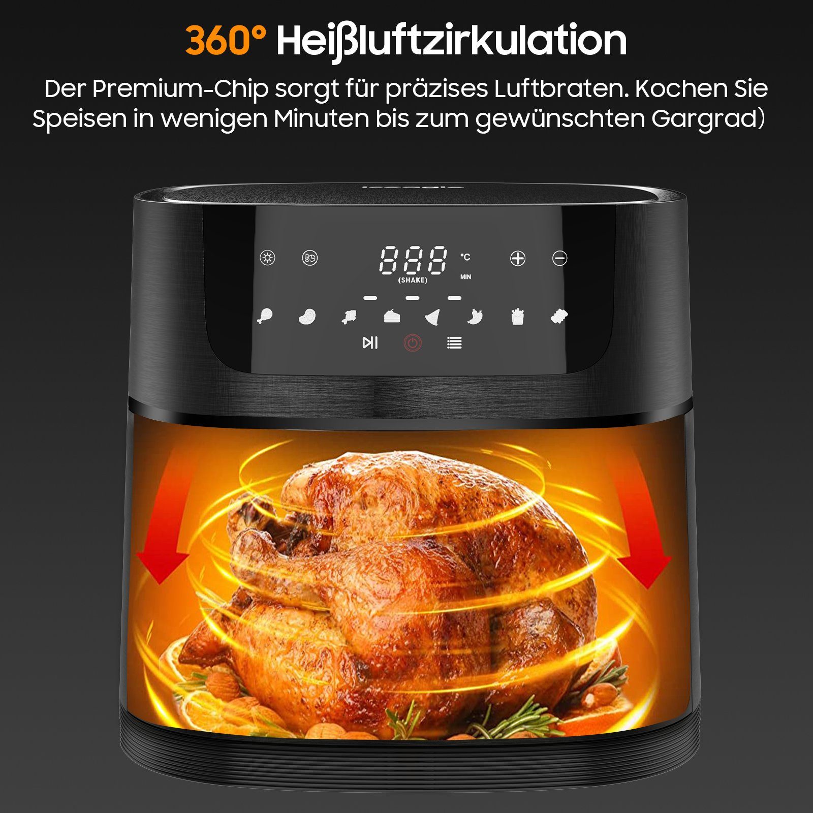 iceagle Heißluftfritteuse Heißluftfritteuse 9L AirFryer XXL, Heizluft Fritteuse, 1800,00 W, mit Großes Sichtfenster, 8 Programmen, Led Touchscreen, Ohne Öl