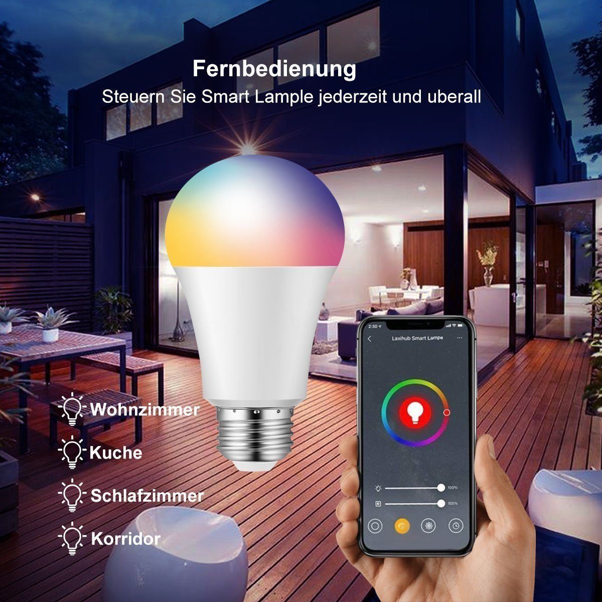 LETGOSPT Smart Lampe, alexa lampe E27, Energie sparen, Mehrfarbrige dimmbare Smarte Lampe, dimmbare smarte WLAN Glühbirne mit Alexa Echo, Google Home