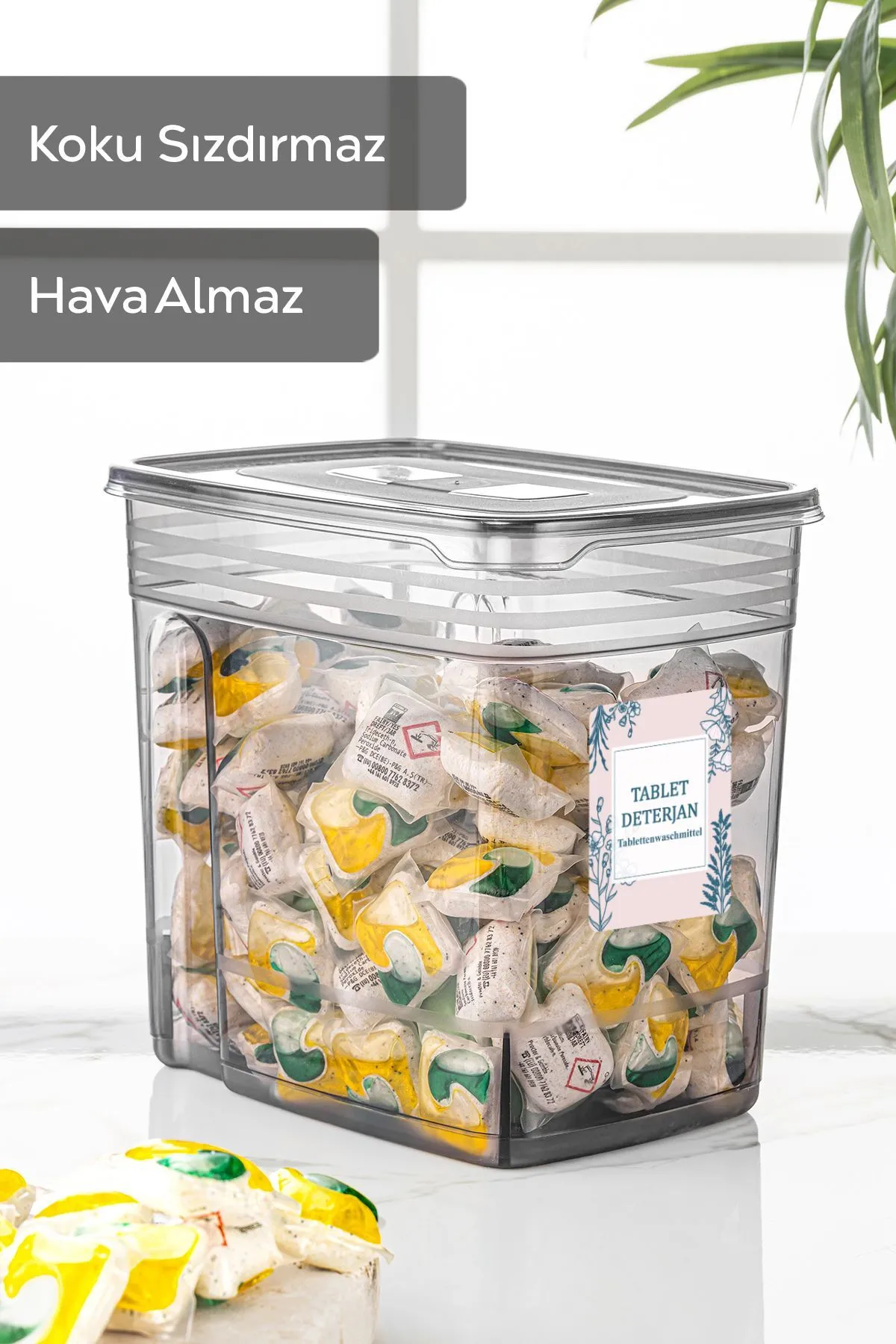 Meleni Home  2-teilige Mega beschriftete Waschmittel-Aufbewahrungsbox Lena Tablet-Waschmittel-Vorratsbehälter mit praktischem Deckel 2x5,5 Lt
