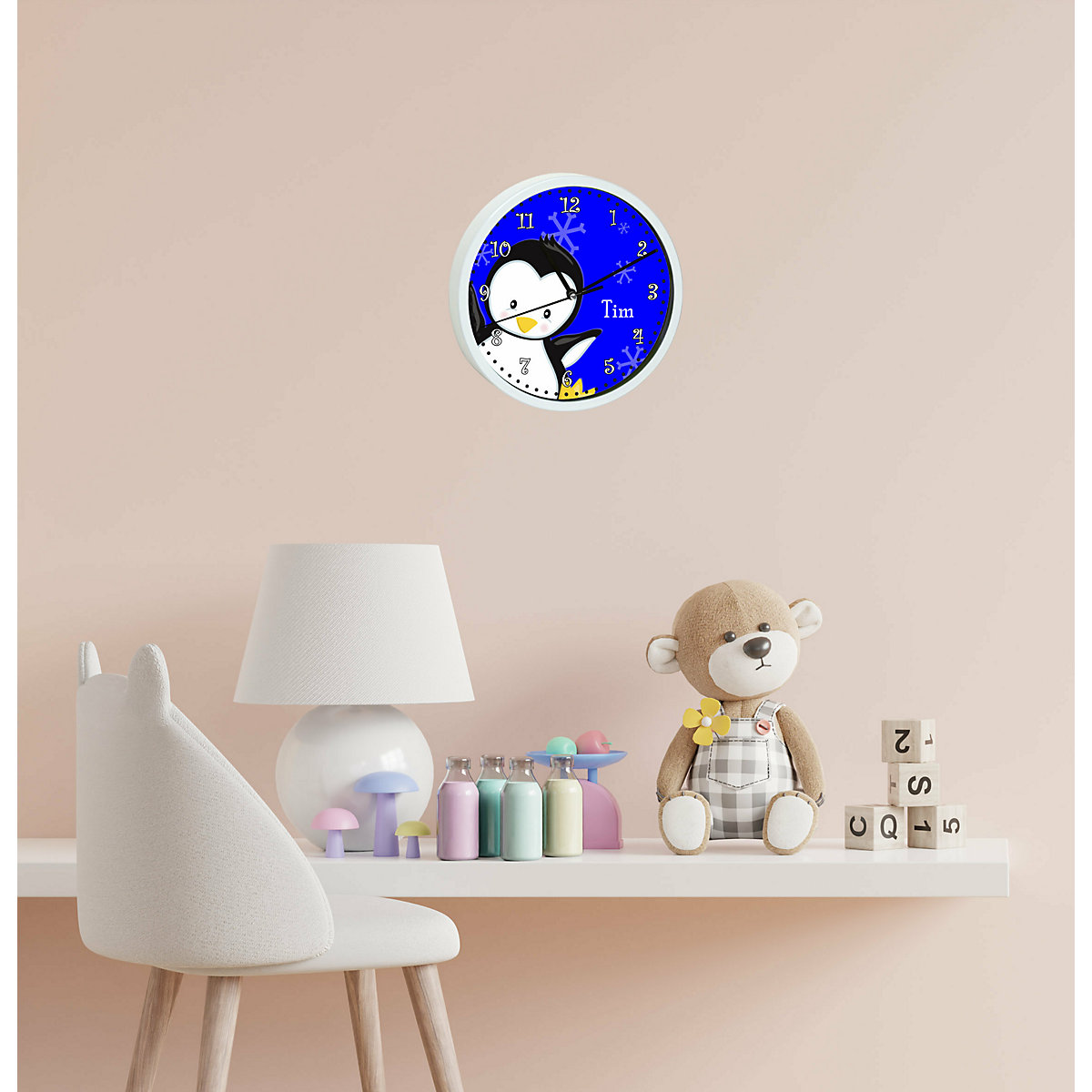 Kinder Wanduhr personalisiert mit Name Pinguin blau