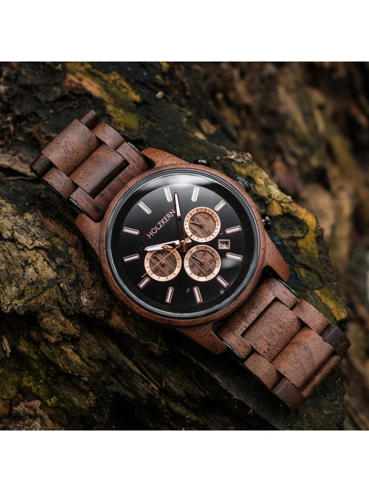 Holzkern Herrenuhr Quarz Chronograph Buschwerk Walnuss/Marmor Schwarz / Braun günstig kaufen onesize