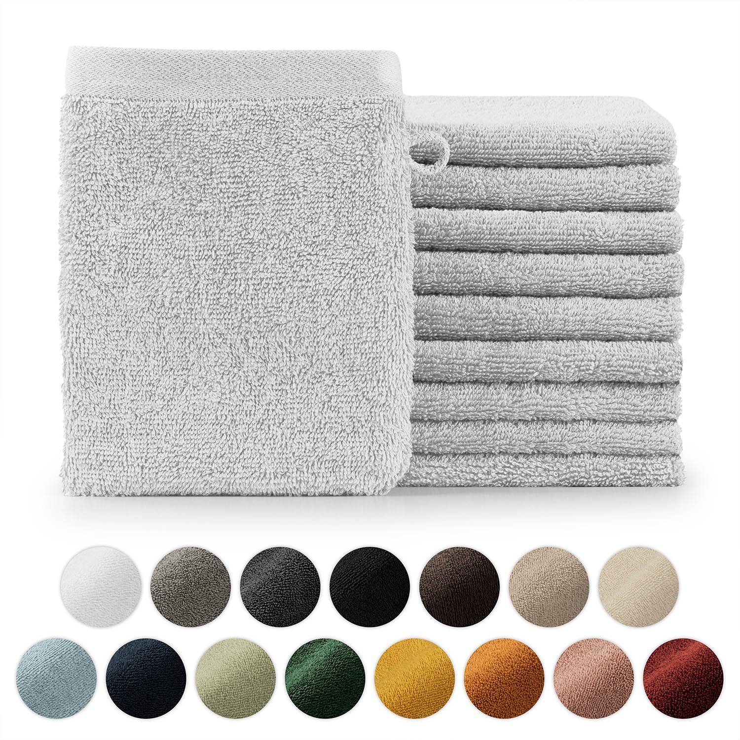 Blumtal Waschhandschuh 10er Set Frottee Waschlappen 15x20 cm - weich und saugstark (Set, 10tlg), mit modischer Bordüre und praktischer Aufhängeschlaufe, 100% Baumwolle