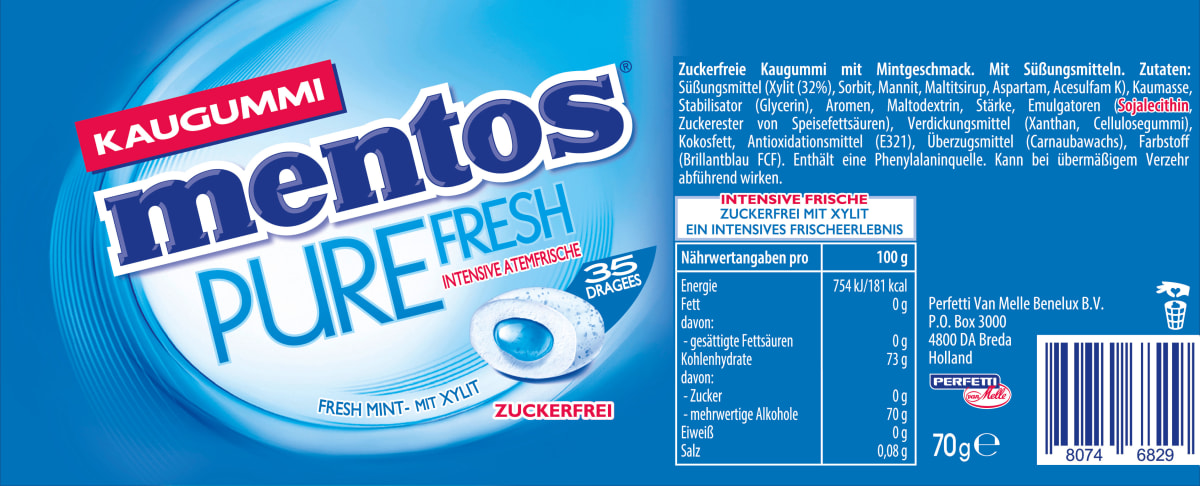 Kaugummi, Pure Fresh Mint, zuckerfrei (35 Stück), 70 g