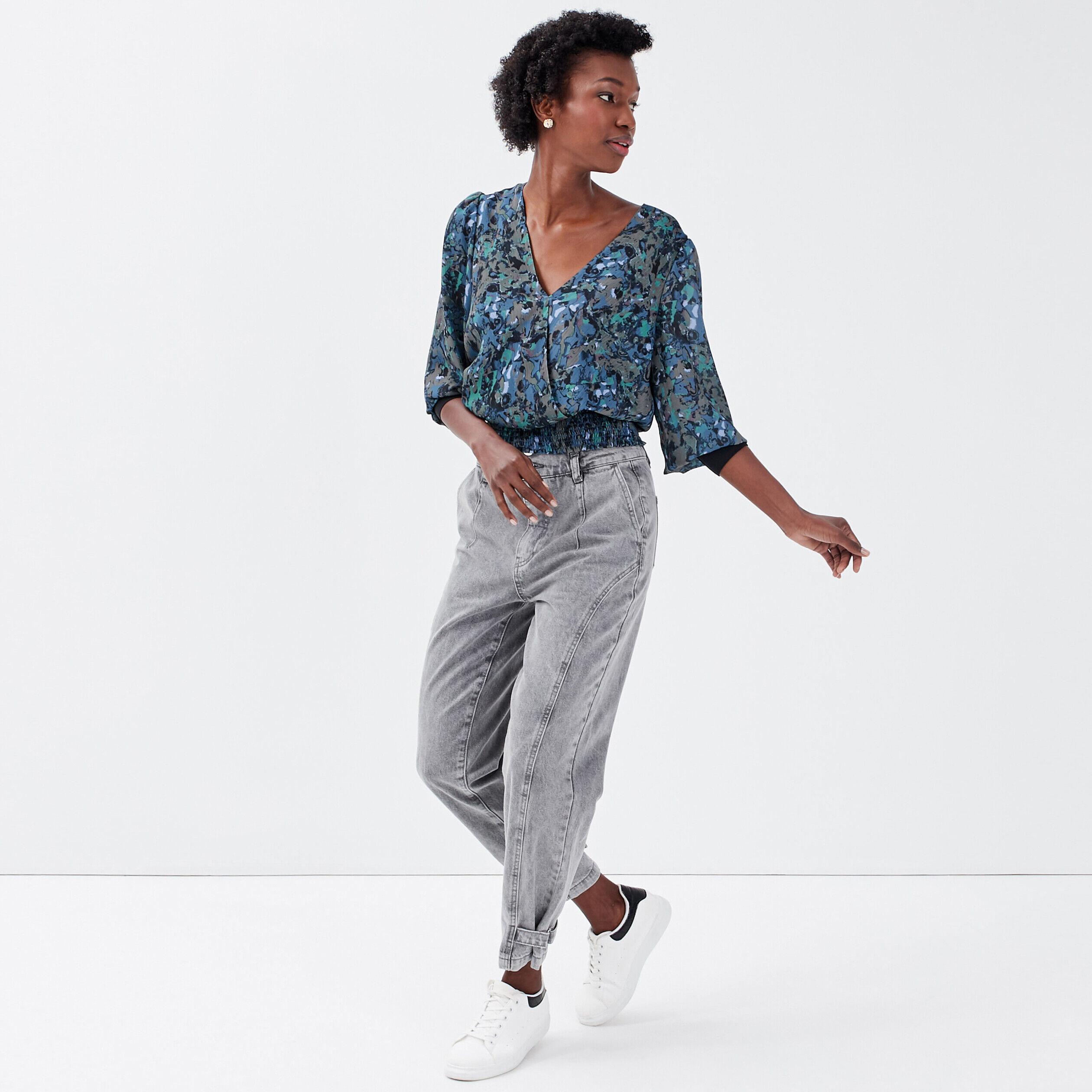 Jeans slouchy détails boucles denim gris femme | Cache Cache