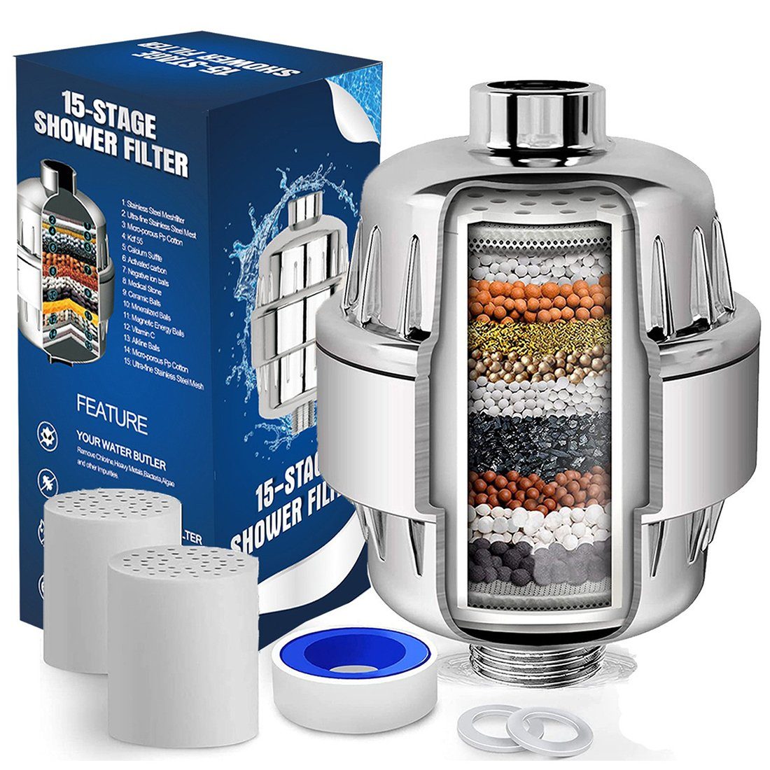 YYV Filterpumpen 15-Schichten Duschfilter mit Lüfterblättern, Duschkopf Wasserfilter (1 St), Filtersystem gegen Rest-Chlor,Water Filters Kalkfilter
