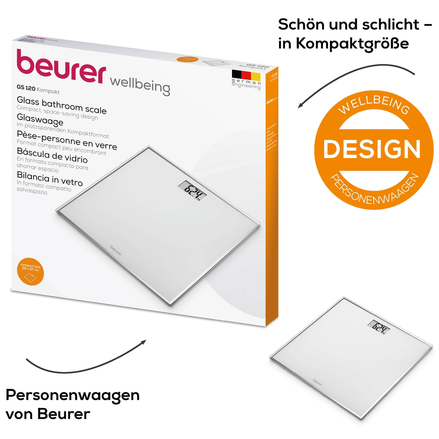 Beurer GS 120 Kompakt Glaswaage-Personenwaage im platzsparenden Kompaktformat und elegantem Spiegeleffekt