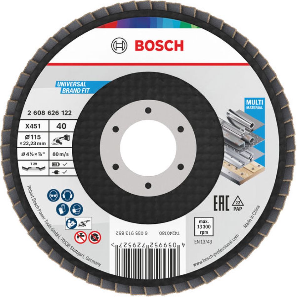 Disc de șlefuit lamelar Bosch Blue Accessories 2608626122 X451 Multi Material Ø115 mm granulație 40 versiune unghiulară