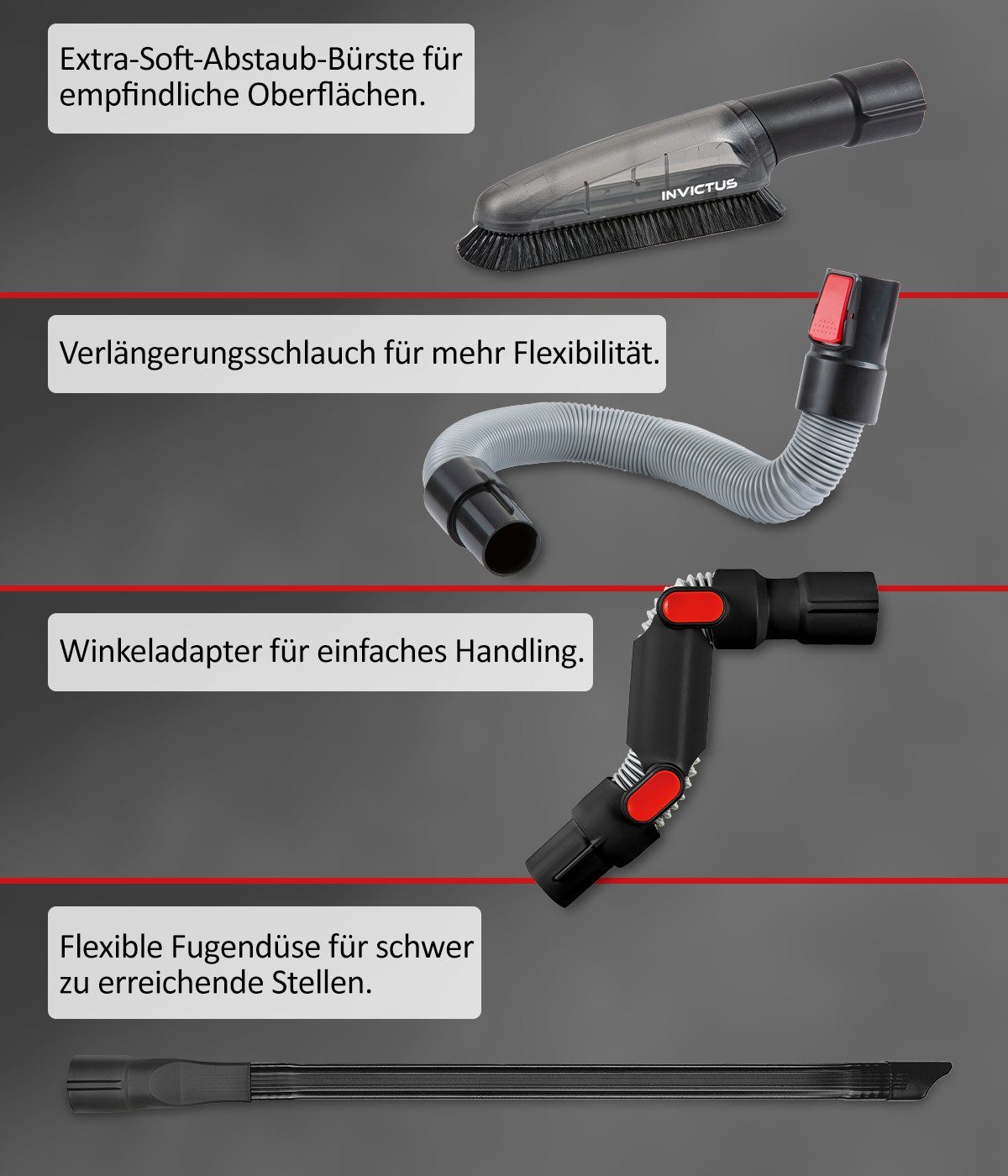 Genius Akku-Hand-und Stielstaubsauger Invictus X9 Facelift Deluxe 26-tlg., Nass- & Trockenreiniger, 450,00 W, beutellos HEPA Filter, Akkusauger bis zu 55 Min Laufzeit Ladestation Bürste Set