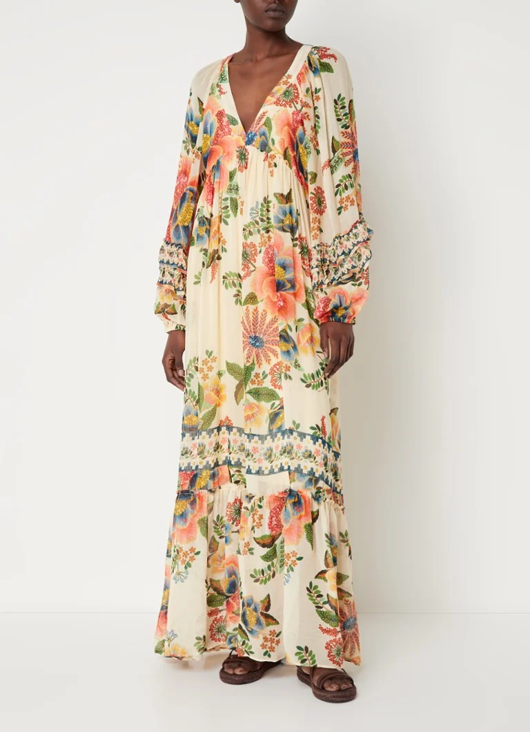Rochie lungă Farm Rio cu imprimeu floral și mâneci bufante.