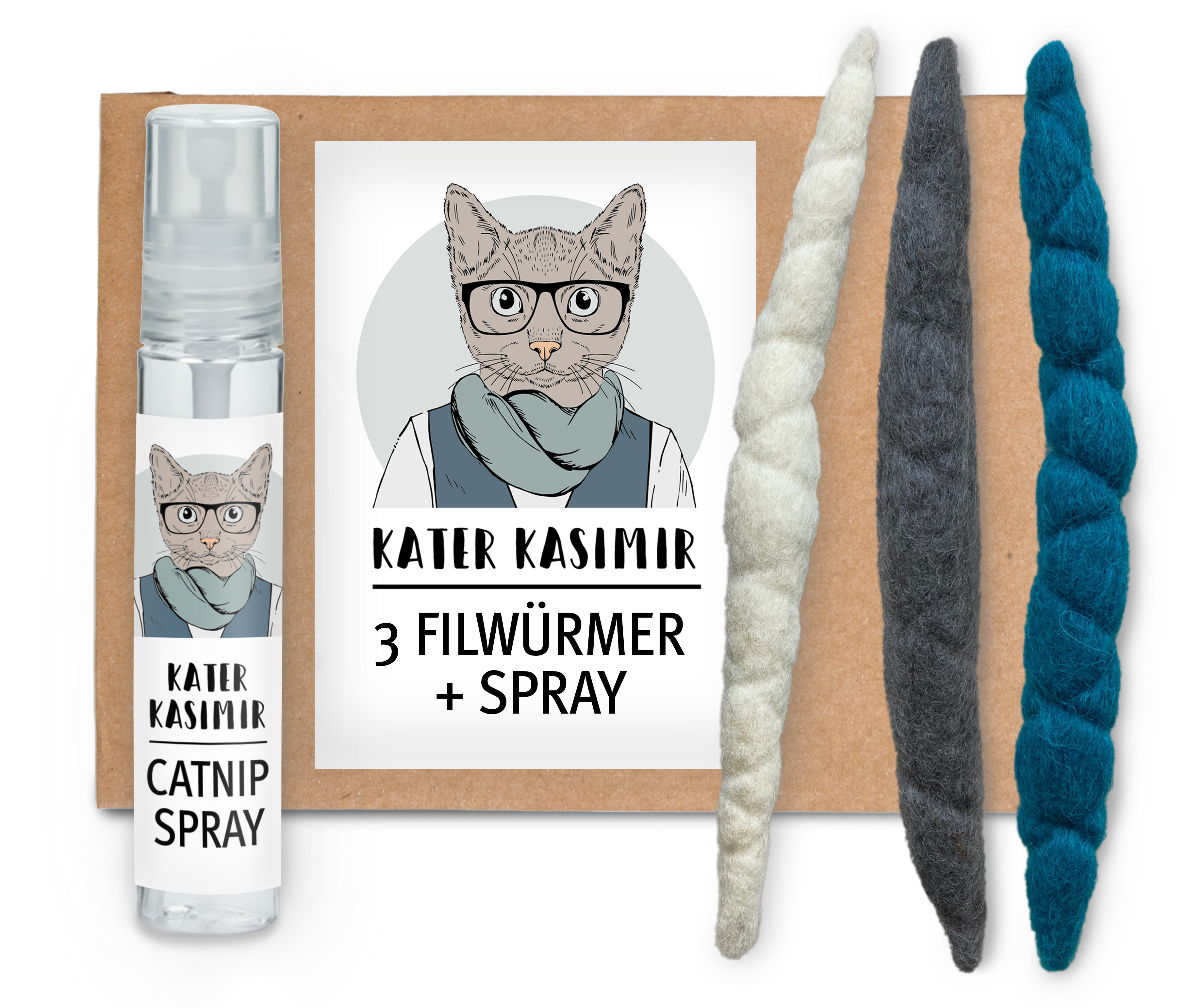 Kater Kasimir Baldrian & Catnipspielzeug Kater Kasimir 3 handgerollte Filzwürmchen aus Schurwolle + 1 Mini-Flasche Katzenminze-Spray