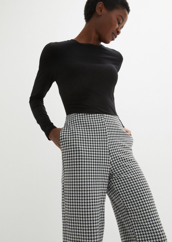 Stretch-Hose mit Hahnentrittmuster, Wide leg