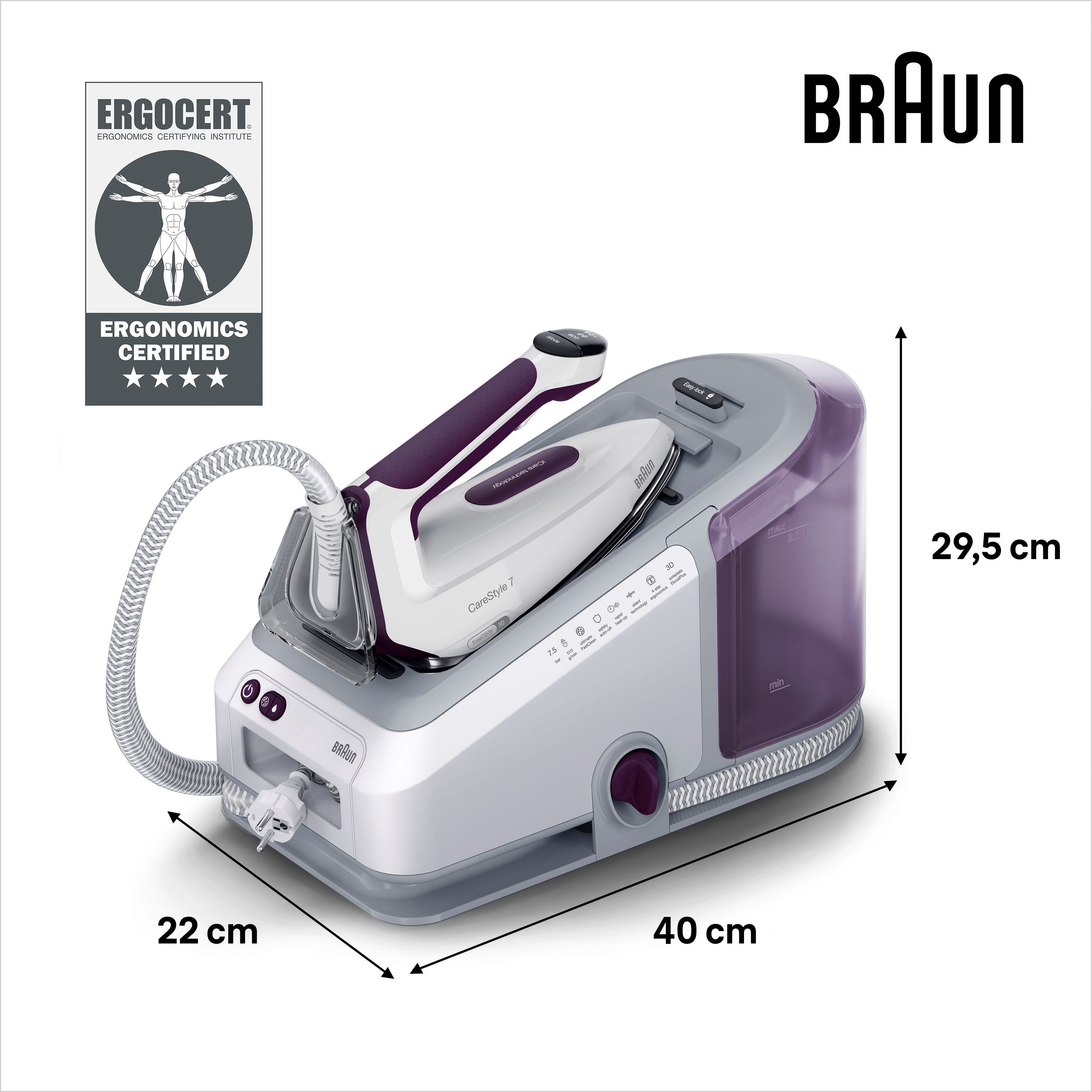 Braun Dampfbügelstation Braun CareStyle 7 IS 7266 VI Dampfbügelstation Weiß/Violett, 2000 ml Wassertank