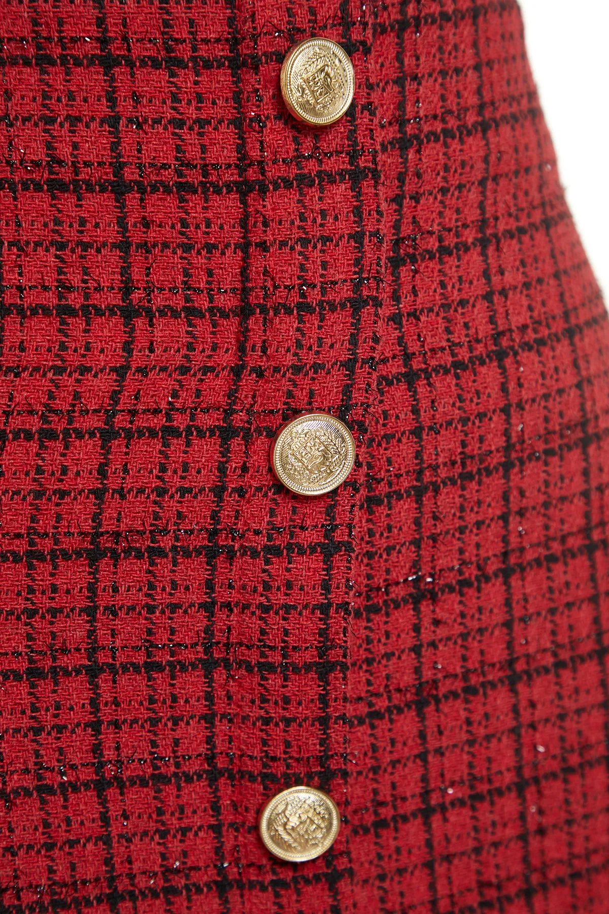 Trendyol Collection  Roter, hochwertiger Mini-Webrock aus Tweed mit Knöpfen und Details in Rot TWOAW24ET00275