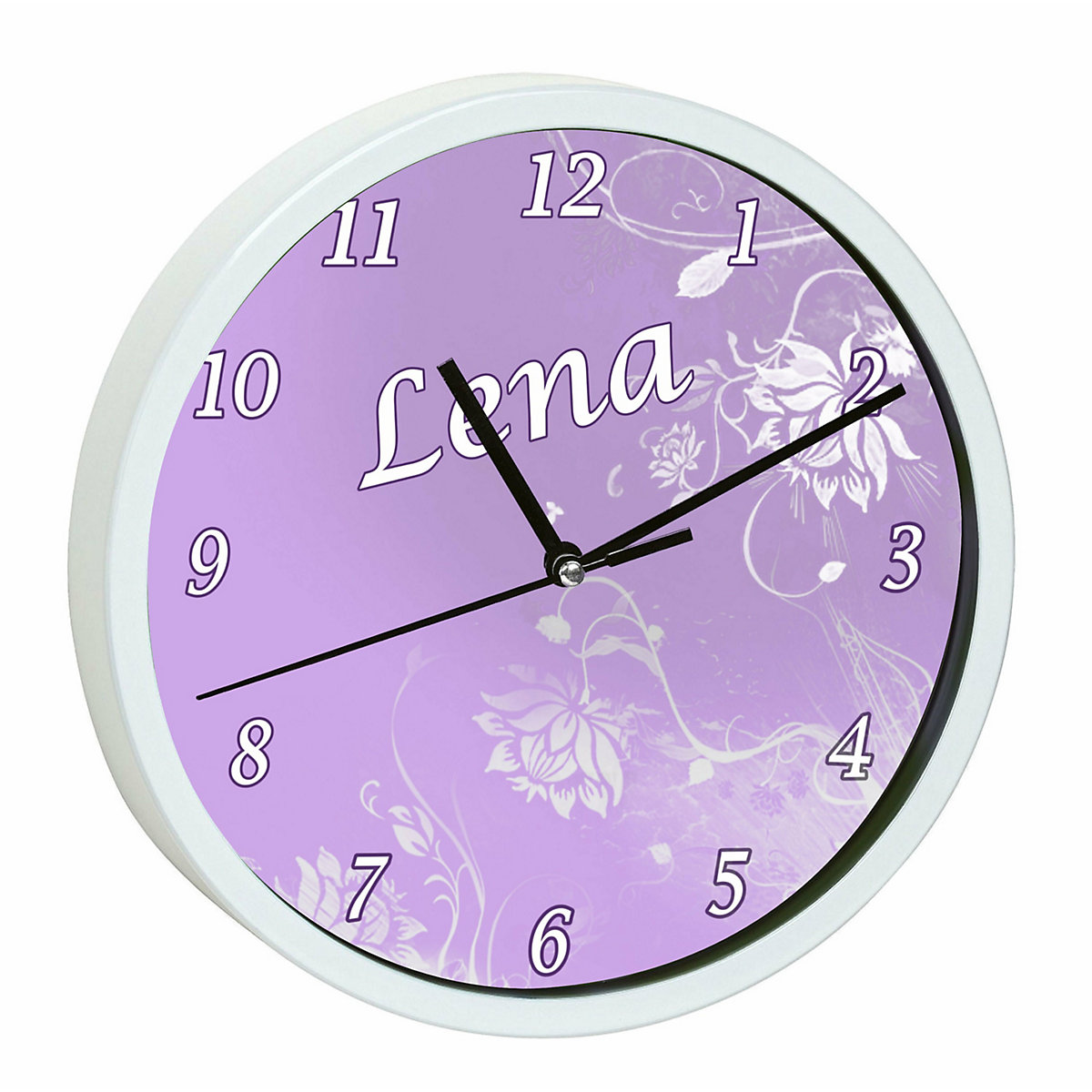 Kinder Wanduhr laufruhig personalisiert mit Name Blumenranke Lila