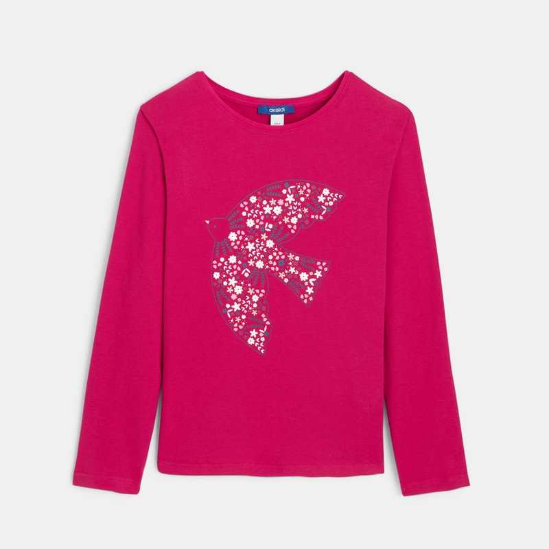 T-shirt manches longues motif colombe rose fille