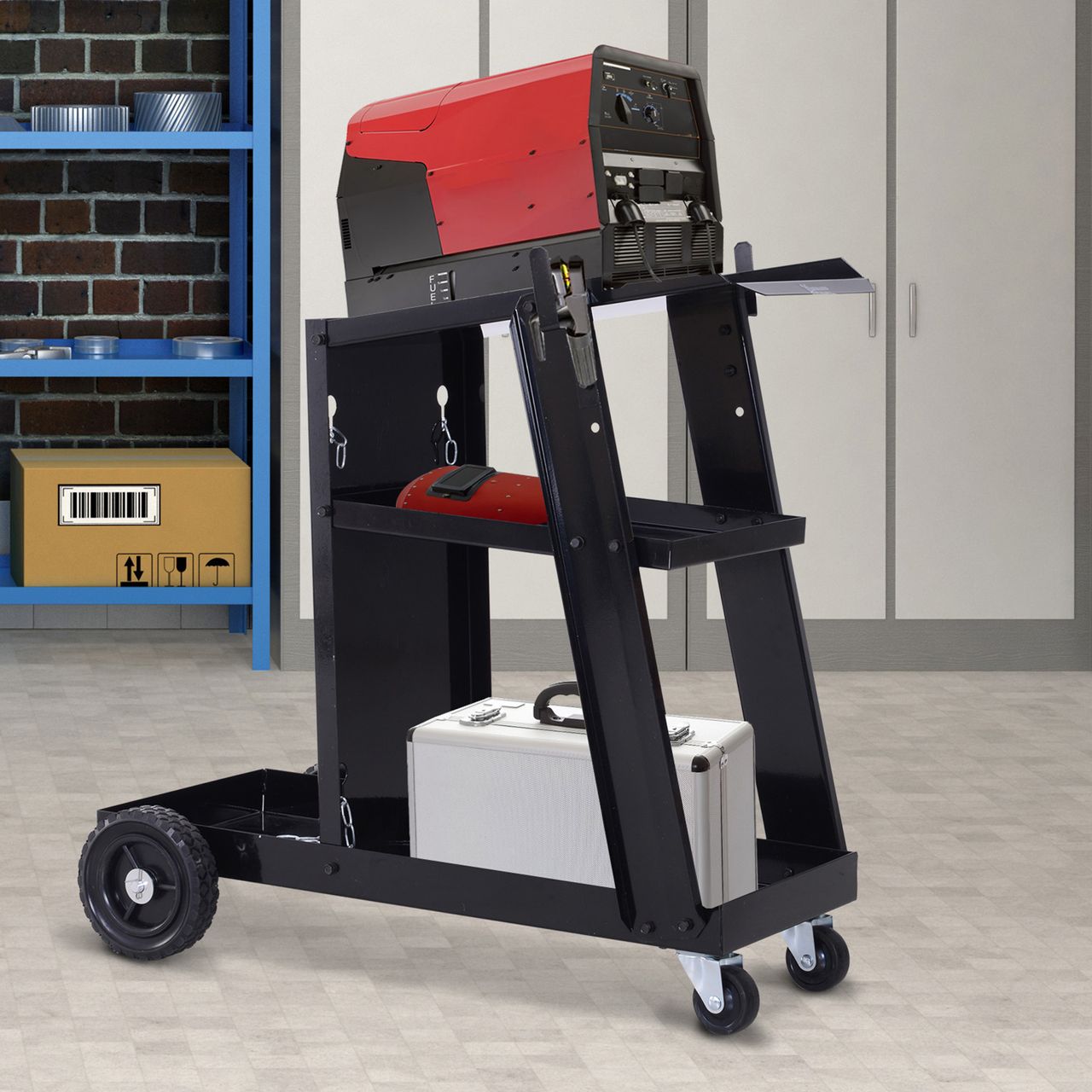DURHAND Schweißwagen, Gasflaschenwagen, mit Sicherheitskette, 3 Regale, schwarz