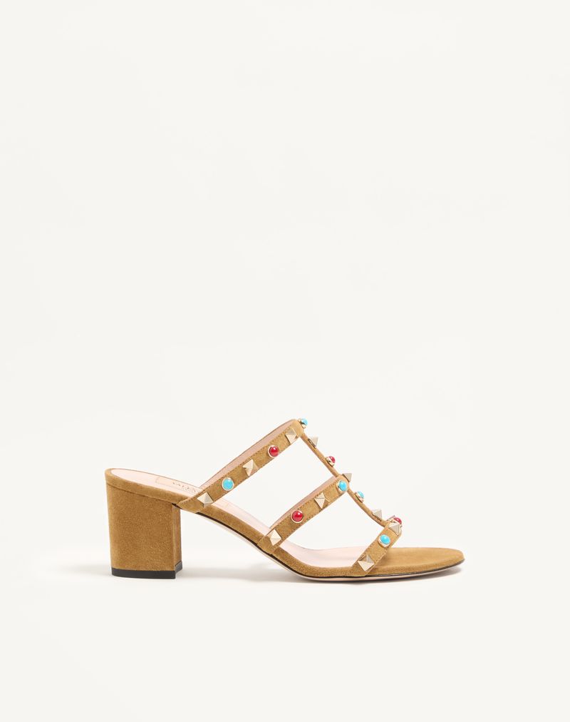 Rockstud Slidesandaler i spaltlæder med cabochonsten 60 mm