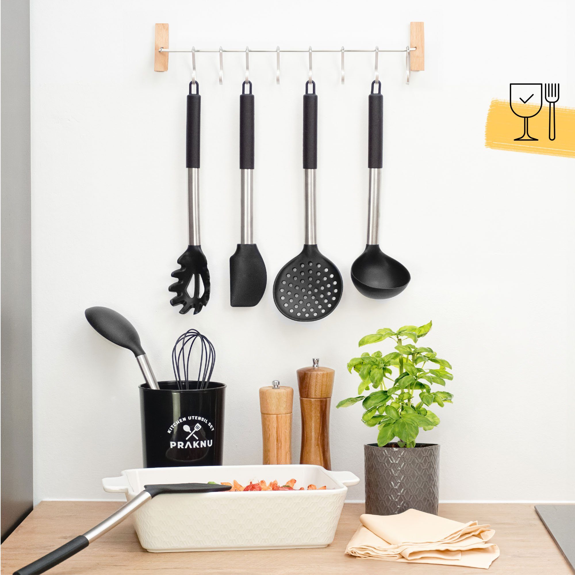 Praknu Kochbesteck-Set - 8 Silikon Küchenhelfer, Edelstahl Kochgeschirr Küchenutensilien (Set, 8-tlg), Küchen Accessoires Zubehör Haushalt Set & Halterung / Aufhängeschlaufe